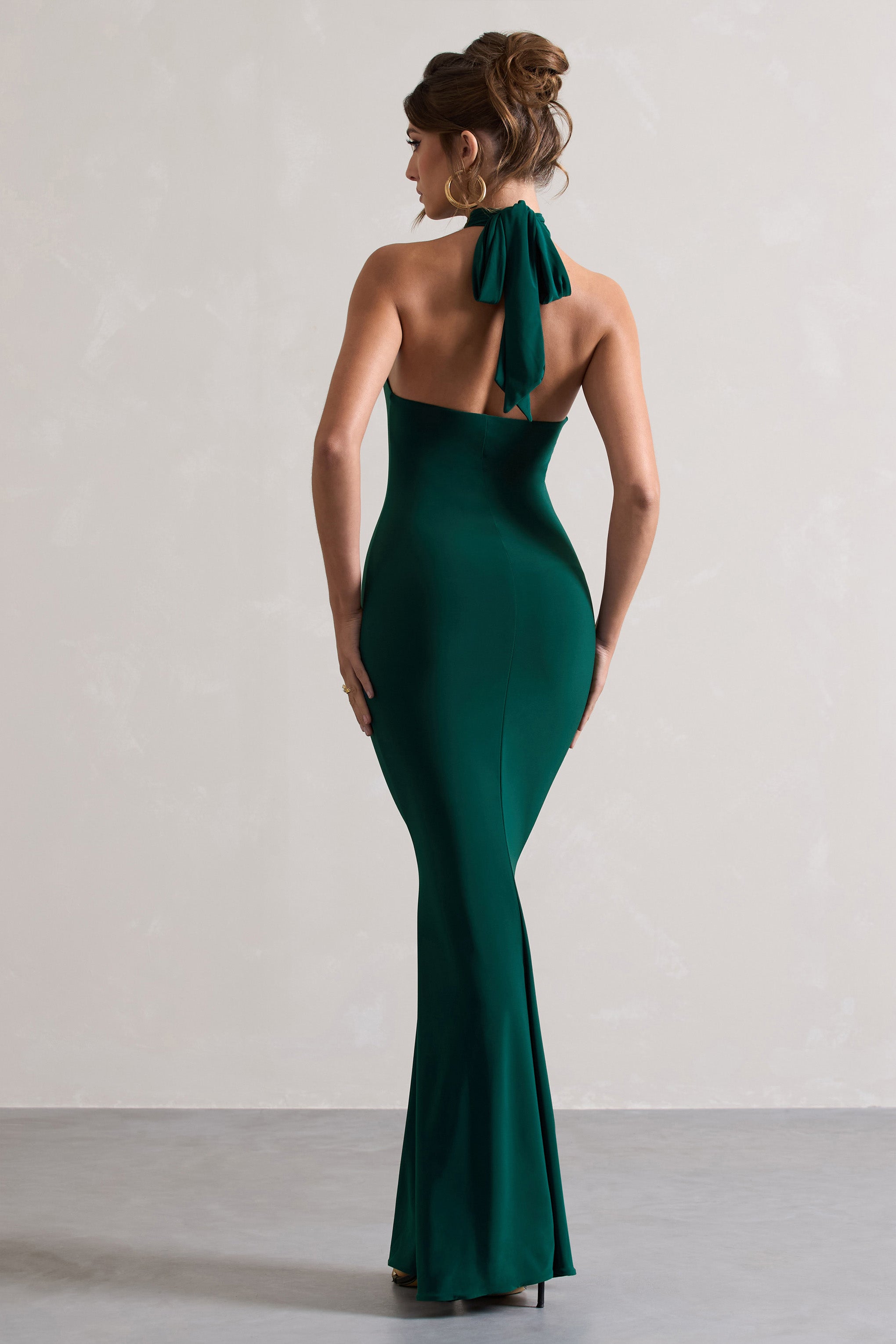 Colorado Bottle Green High-Neck Fishtail Maxi Dress-Babyboo Dress Store. All Rights Reserved.