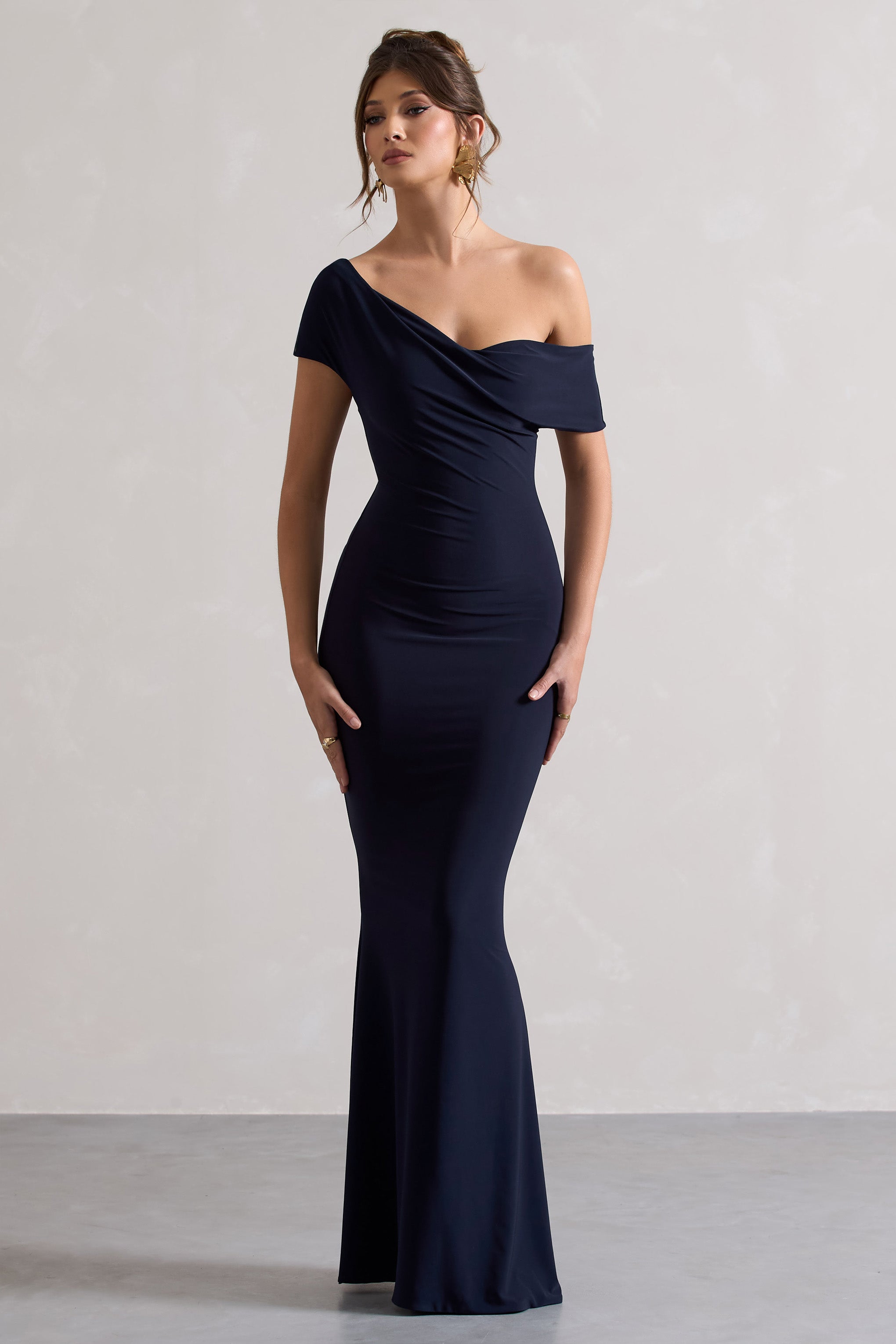 Avila Navy Asymmetric Bardot Maxi Dress