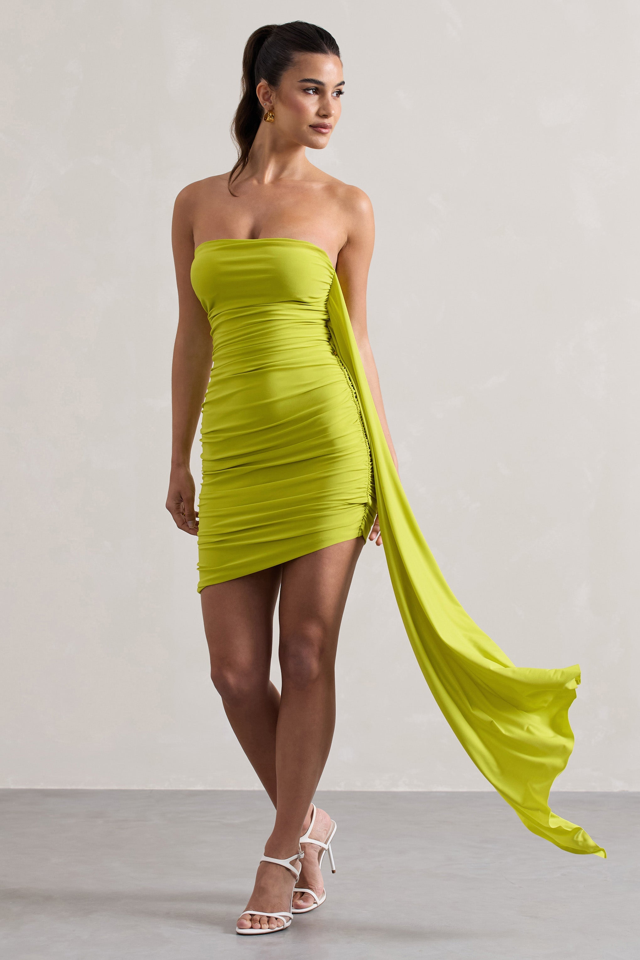 Siena Lime Ruched Asymmetric Mini Dress With Sash