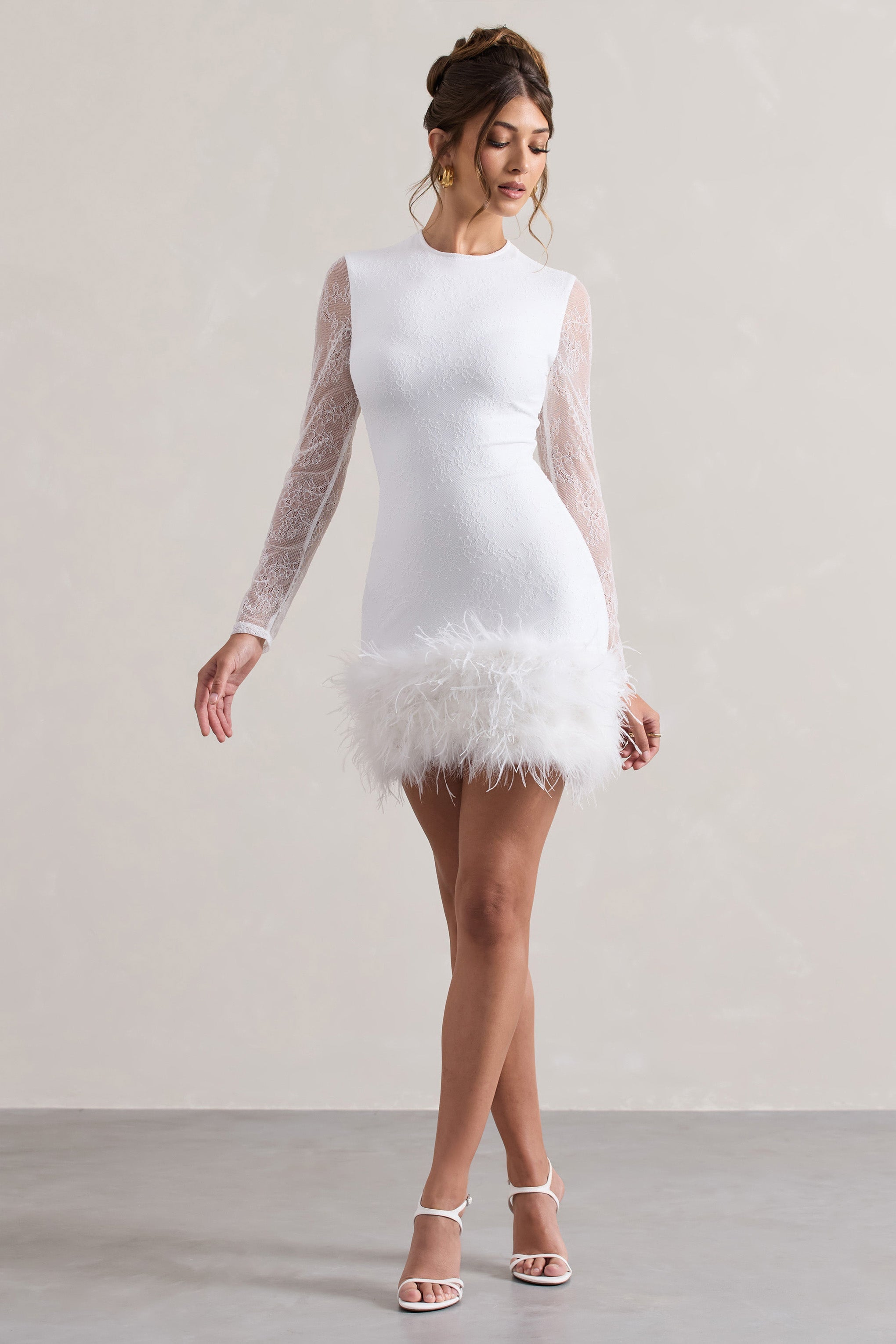 Mariana White Lace Long-Sleeve Mini Dress With Feather Trim