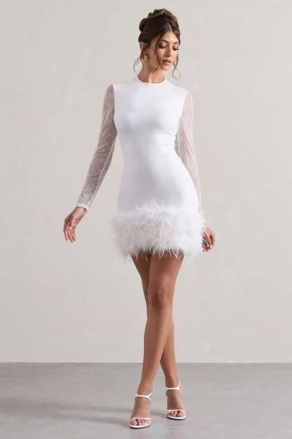 Mariana White Lace Long-Sleeve Mini Dress With Feather Trim