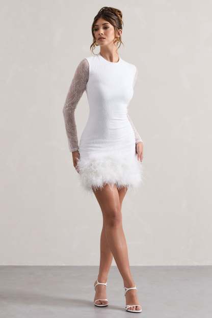 Mariana White Lace Long-Sleeve Mini Dress With Feather Trim