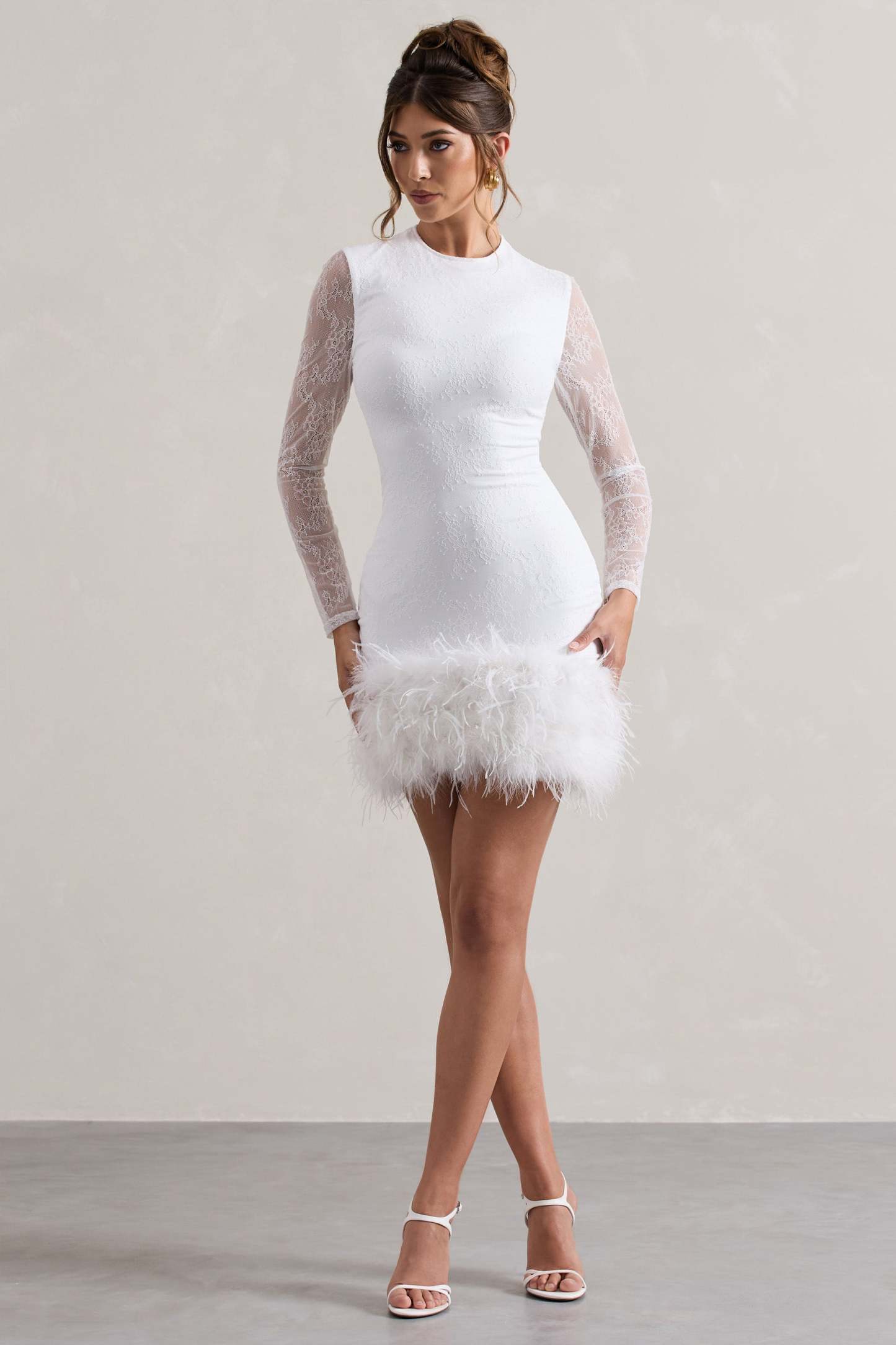 Mariana White Lace Long-Sleeve Mini Dress With Feather Trim