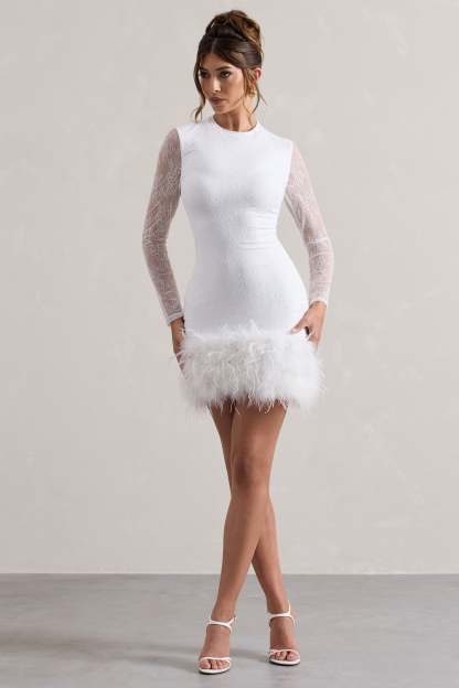 Mariana White Lace Long-Sleeve Mini Dress With Feather Trim