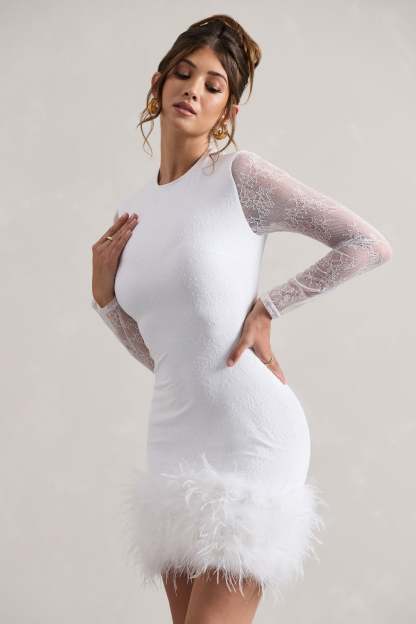 Mariana White Lace Long-Sleeve Mini Dress With Feather Trim