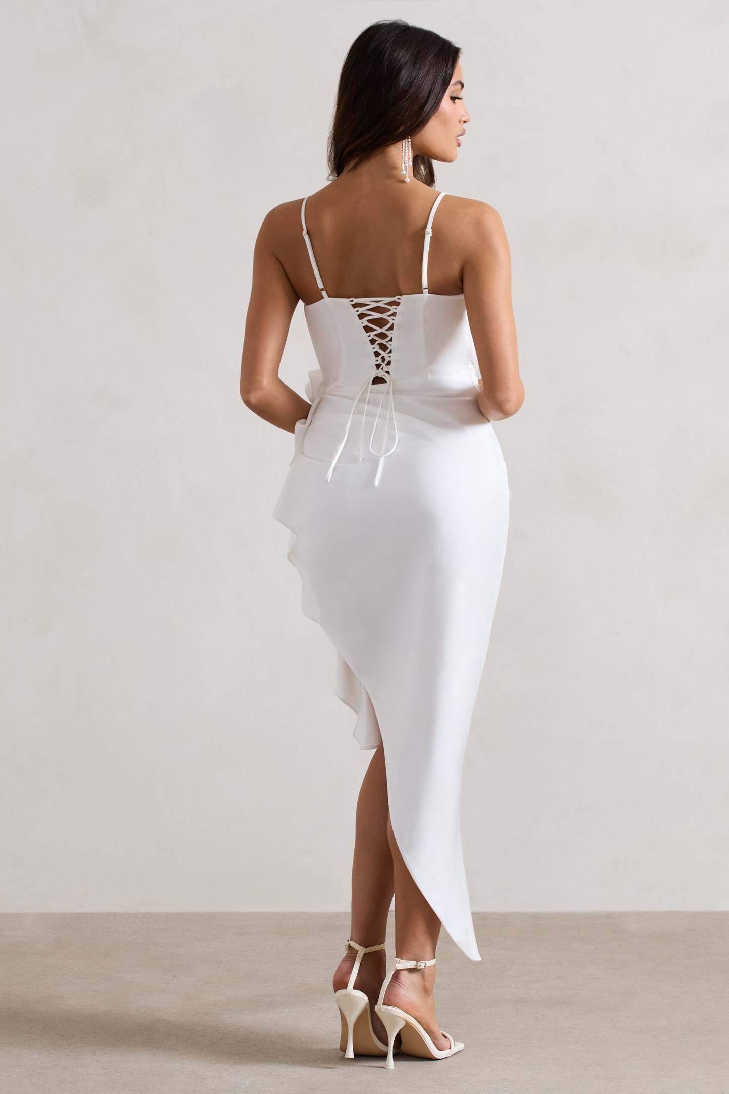 On The List White Asymmetric Corset Maxi Dress With Floral Drape-Babyboo Dress Store. All Rights Reserved.