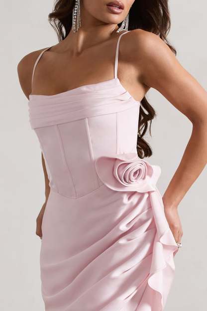 On The List Pink Asymmetric Corset Midi Dress With Floral Drape-Babyboo Dress Store. All Rights Reserved.