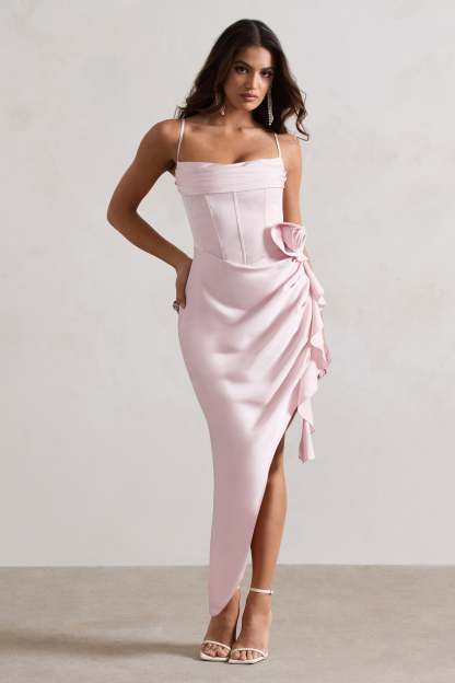 On The List Pink Asymmetric Corset Midi Dress With Floral Drape-Babyboo Dress Store. All Rights Reserved.