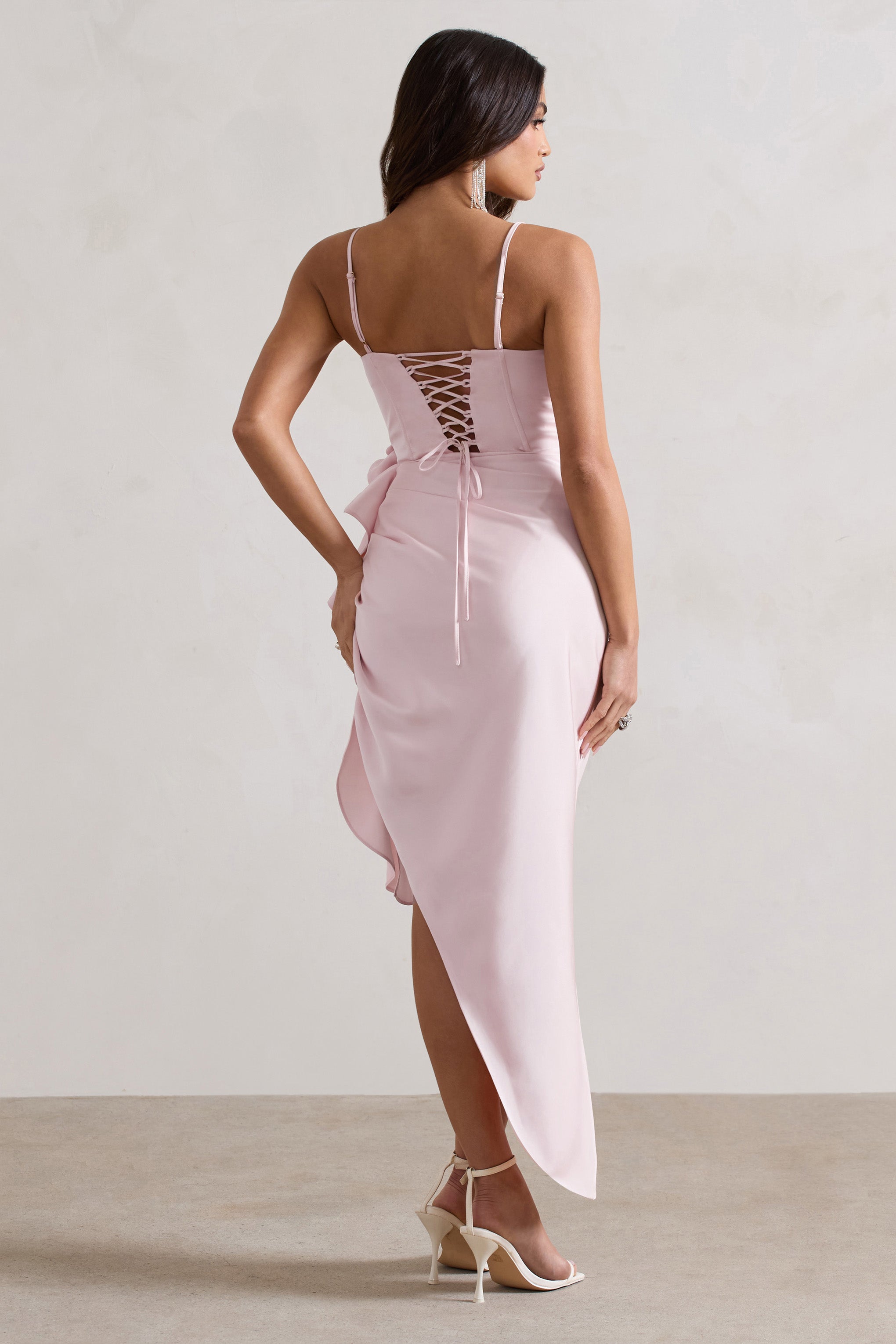 On The List Pink Asymmetric Corset Midi Dress With Floral Drape-Babyboo Dress Store. All Rights Reserved.