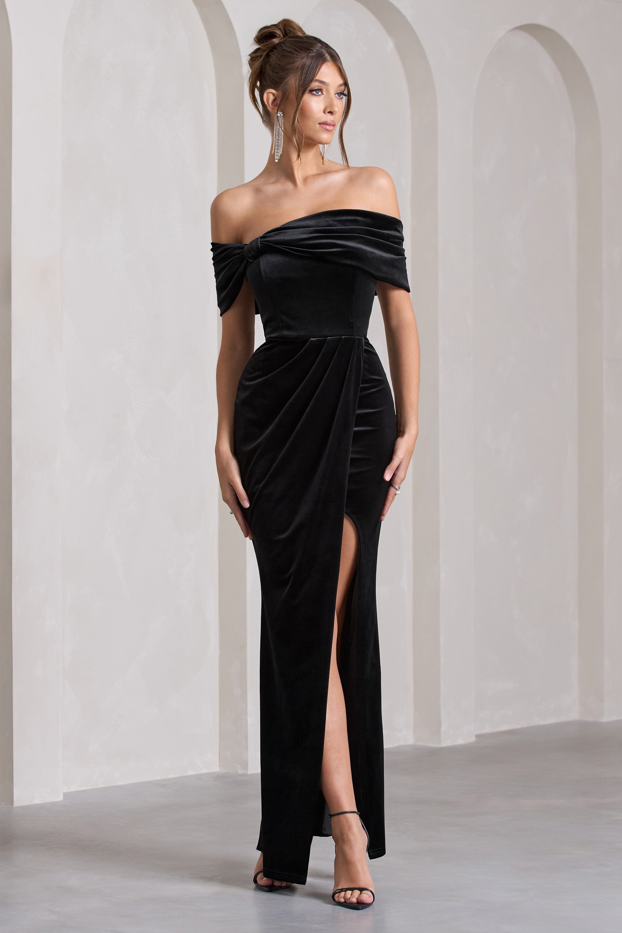 Blessing Black Velvet Bardot Wrap Maxi Dress