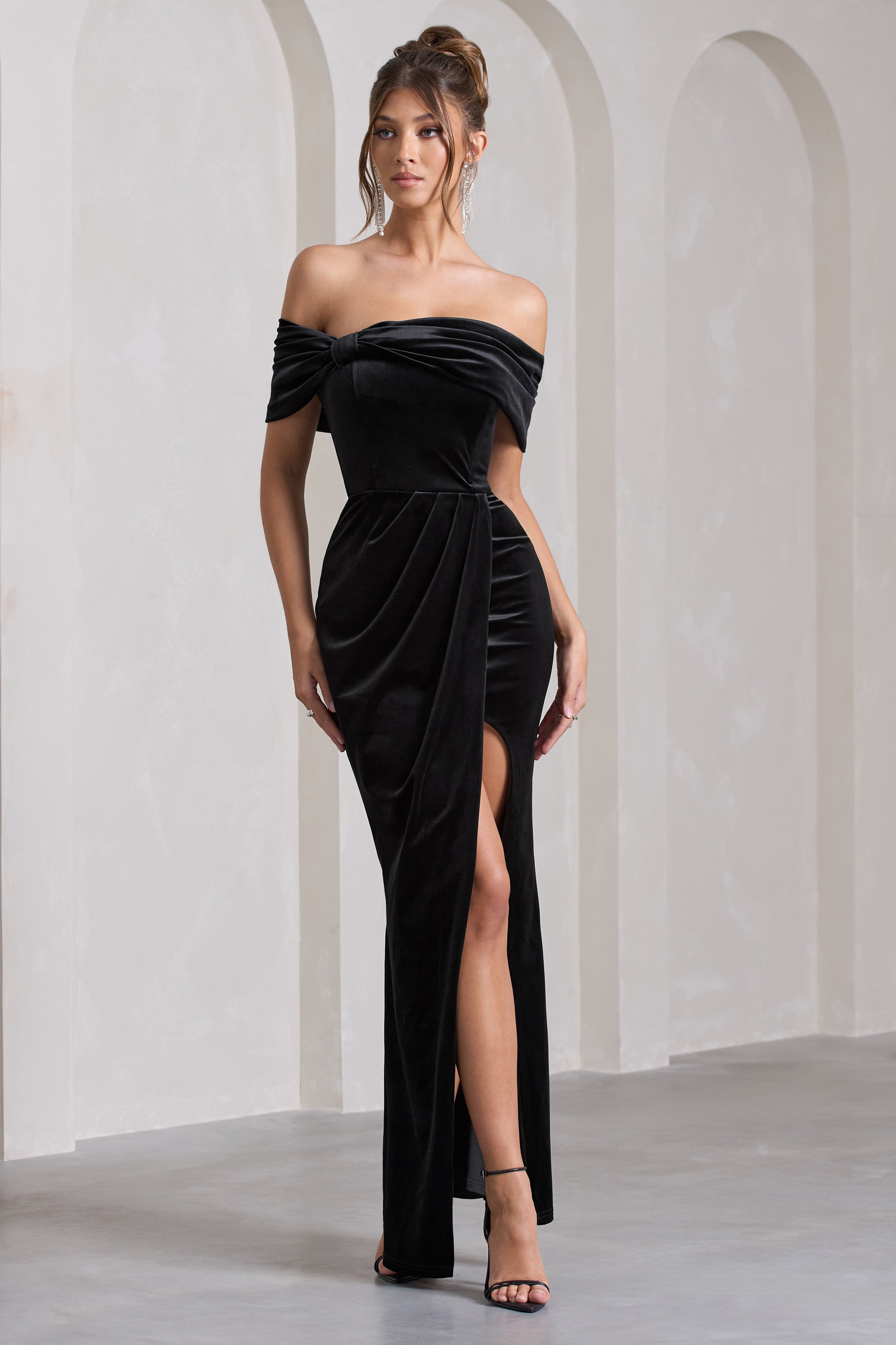 Blessing Black Velvet Bardot Wrap Maxi Dress