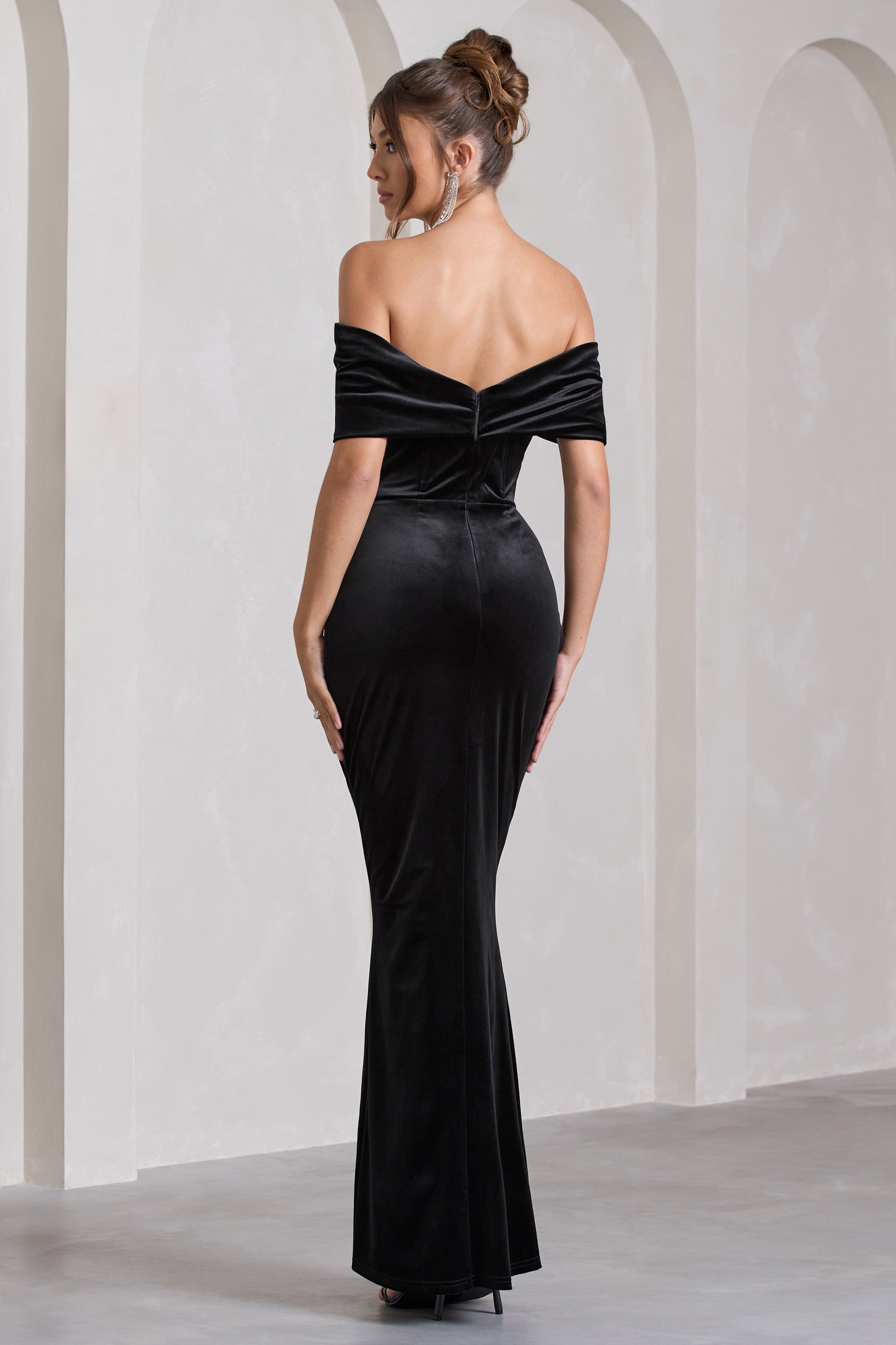 Blessing Black Velvet Bardot Wrap Maxi Dress