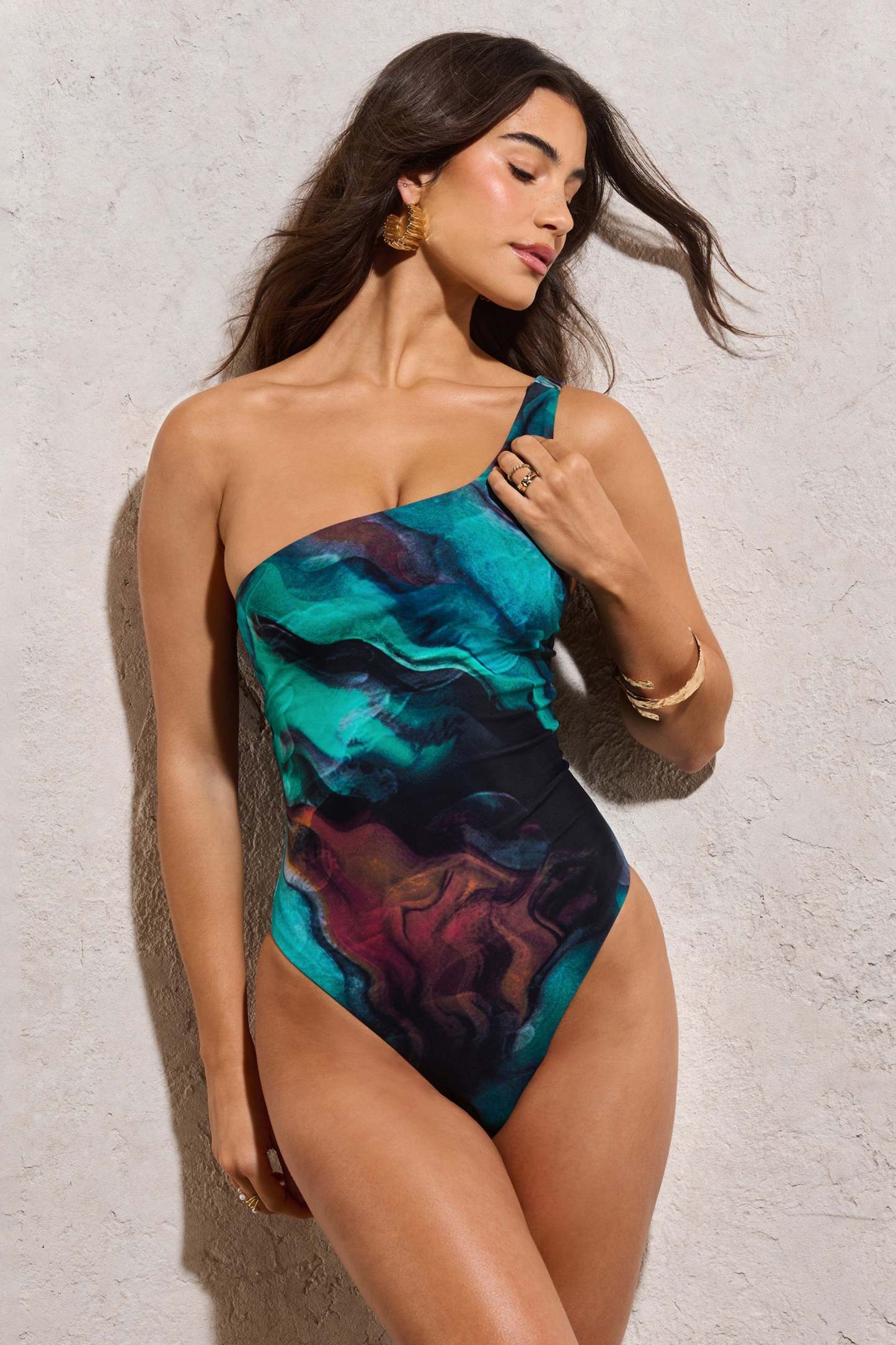 Oceana Blue Print Asymmetric Twisted Open-Back Swimsuit-Babyboo Dress Store. All Rights Reserved.