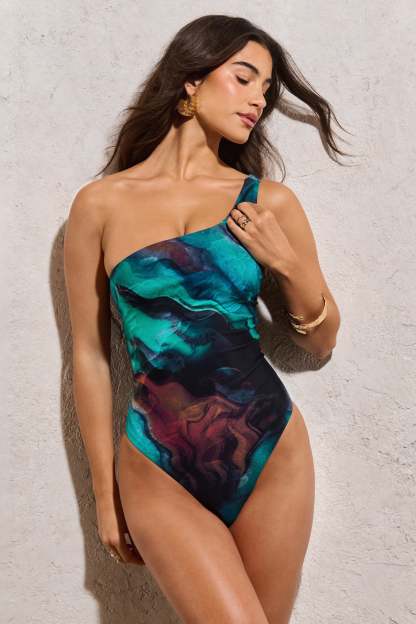 Oceana Blue Print Asymmetric Twisted Open-Back Swimsuit-Babyboo Dress Store. All Rights Reserved.