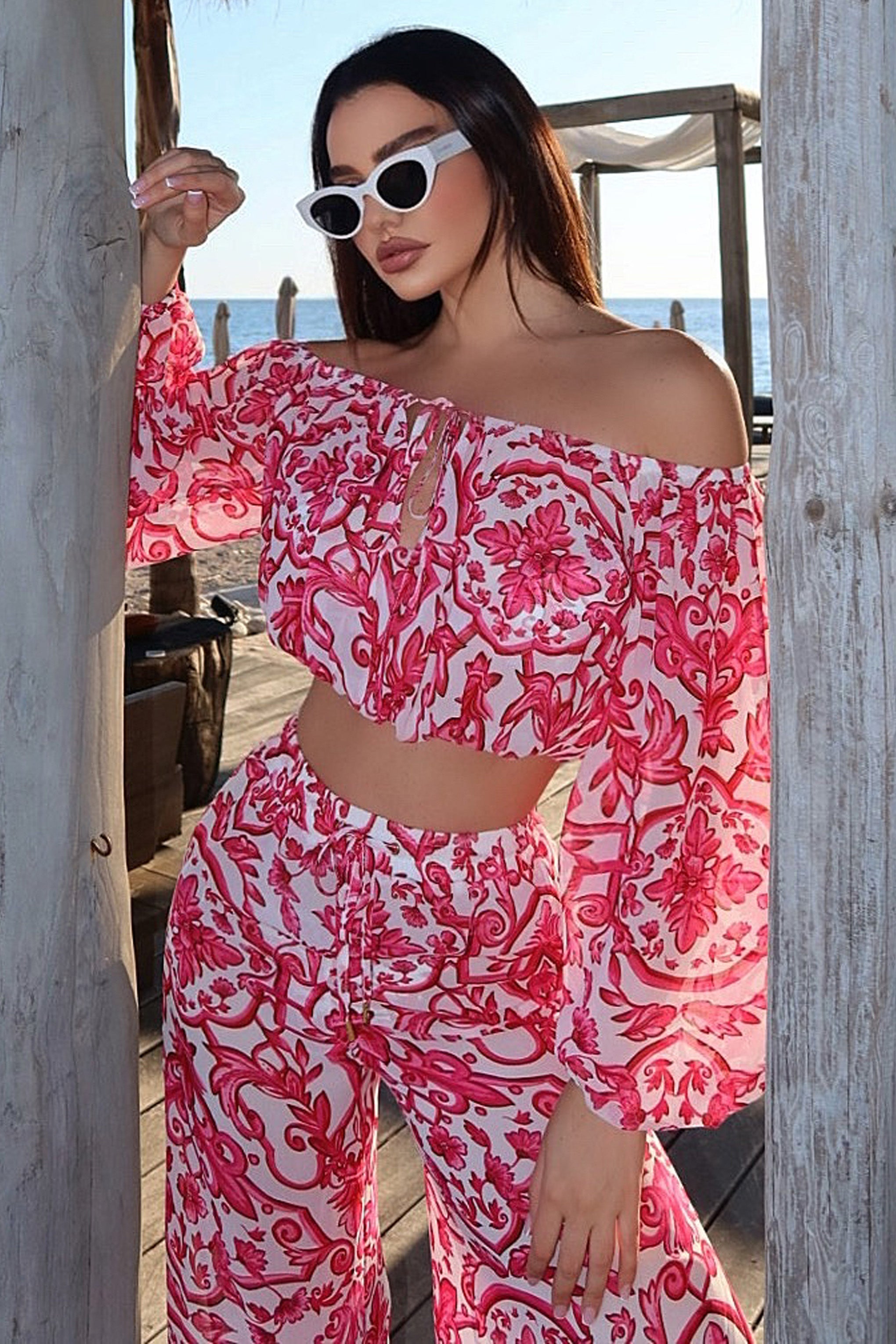 Bea Pink Porcelain Print Chiffon Split Wide-Leg Trousers