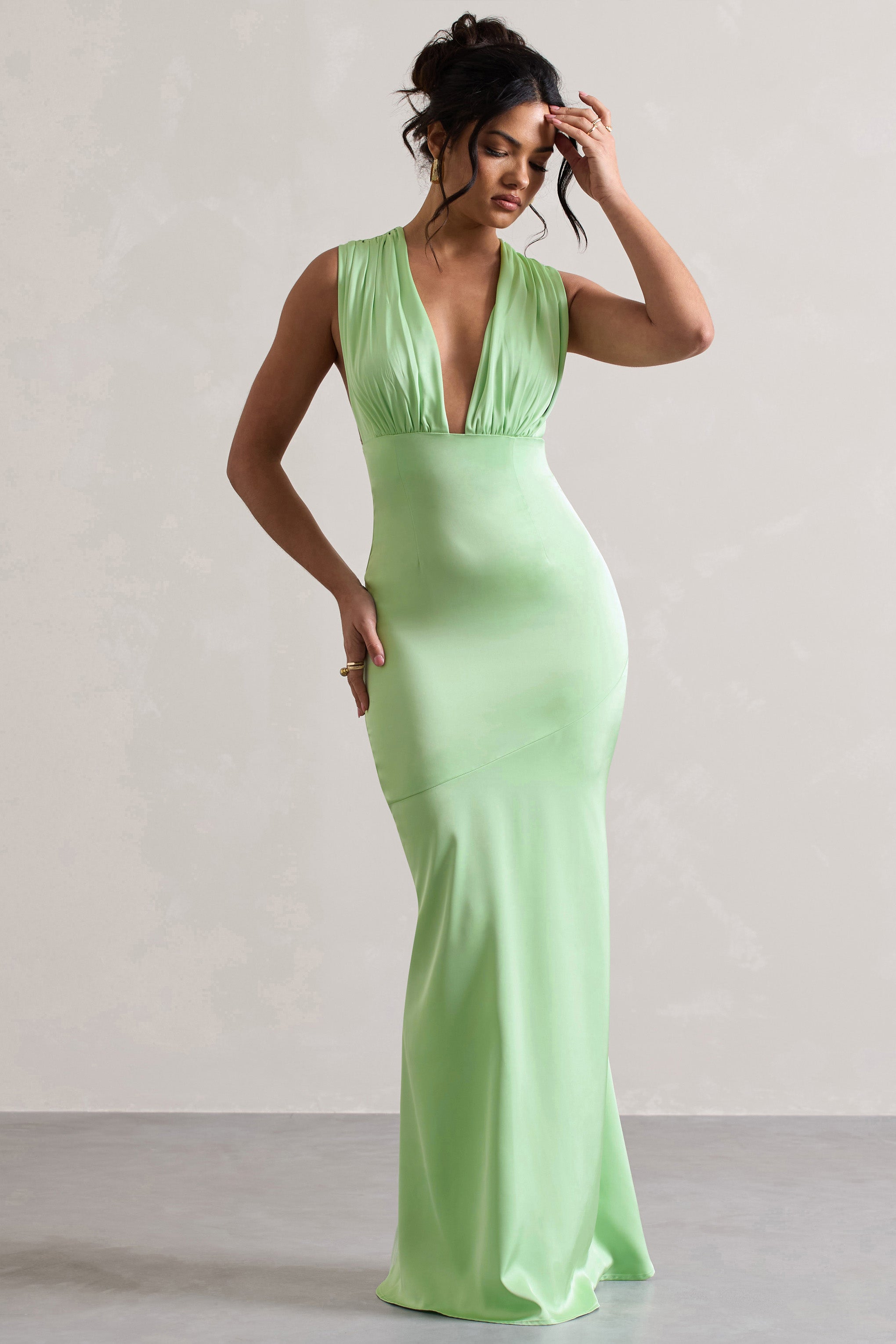 Azzara Light Green Satin Ruched V-Neck Maxi Dress