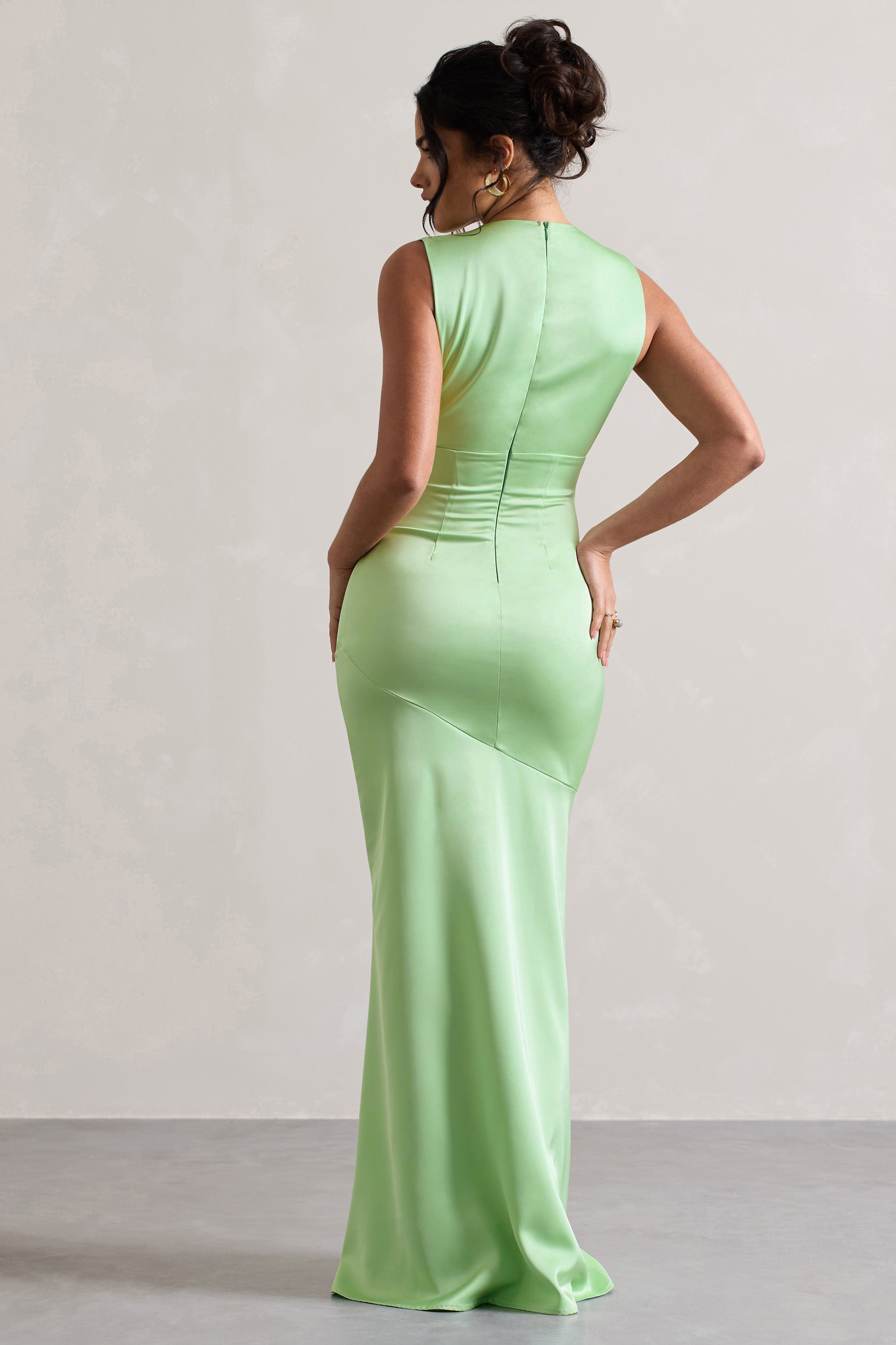 Azzara Light Green Satin Ruched V-Neck Maxi Dress