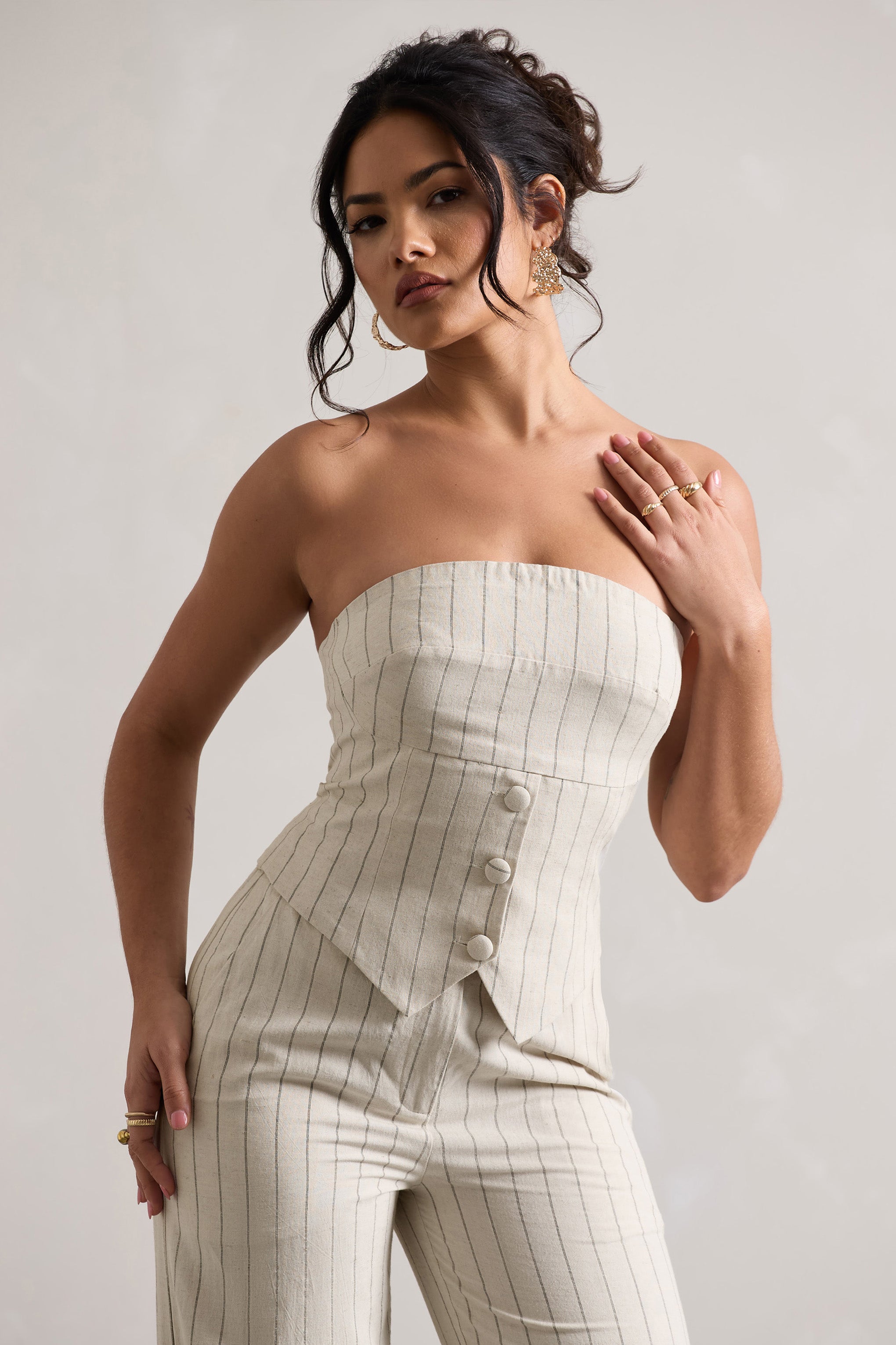 On Time Beige Pinstripe Tailored Bandeau Top-Babyboo Dress Store. All Rights Reserved.