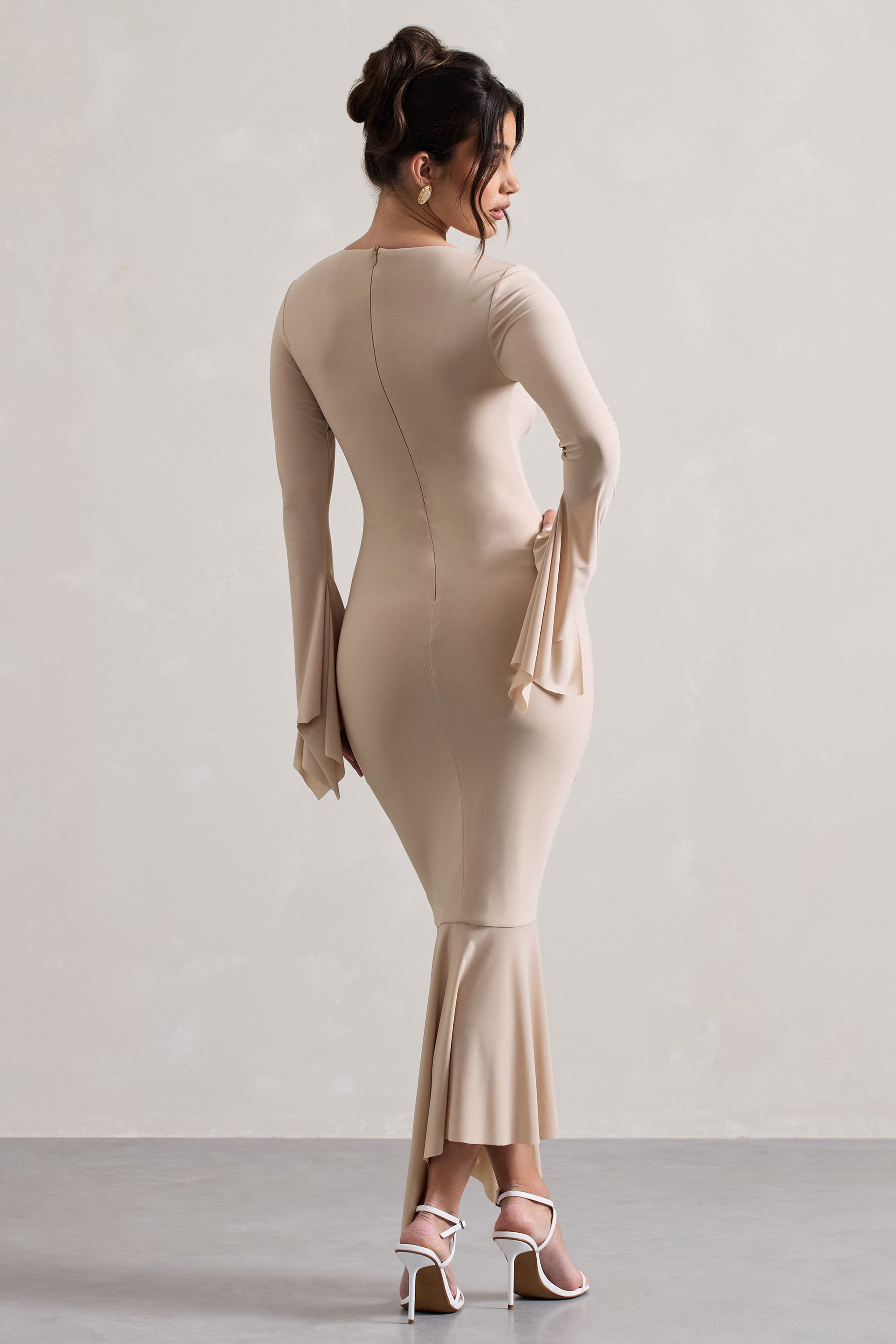 Meliora Champagne Square-Neck Flute-Sleeve Asymmetric Midi Dress