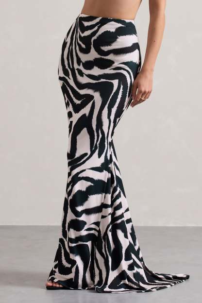 Neomie Zebra Print Fishtail Maxi Skirt-Babyboo Dress Store. All Rights Reserved.