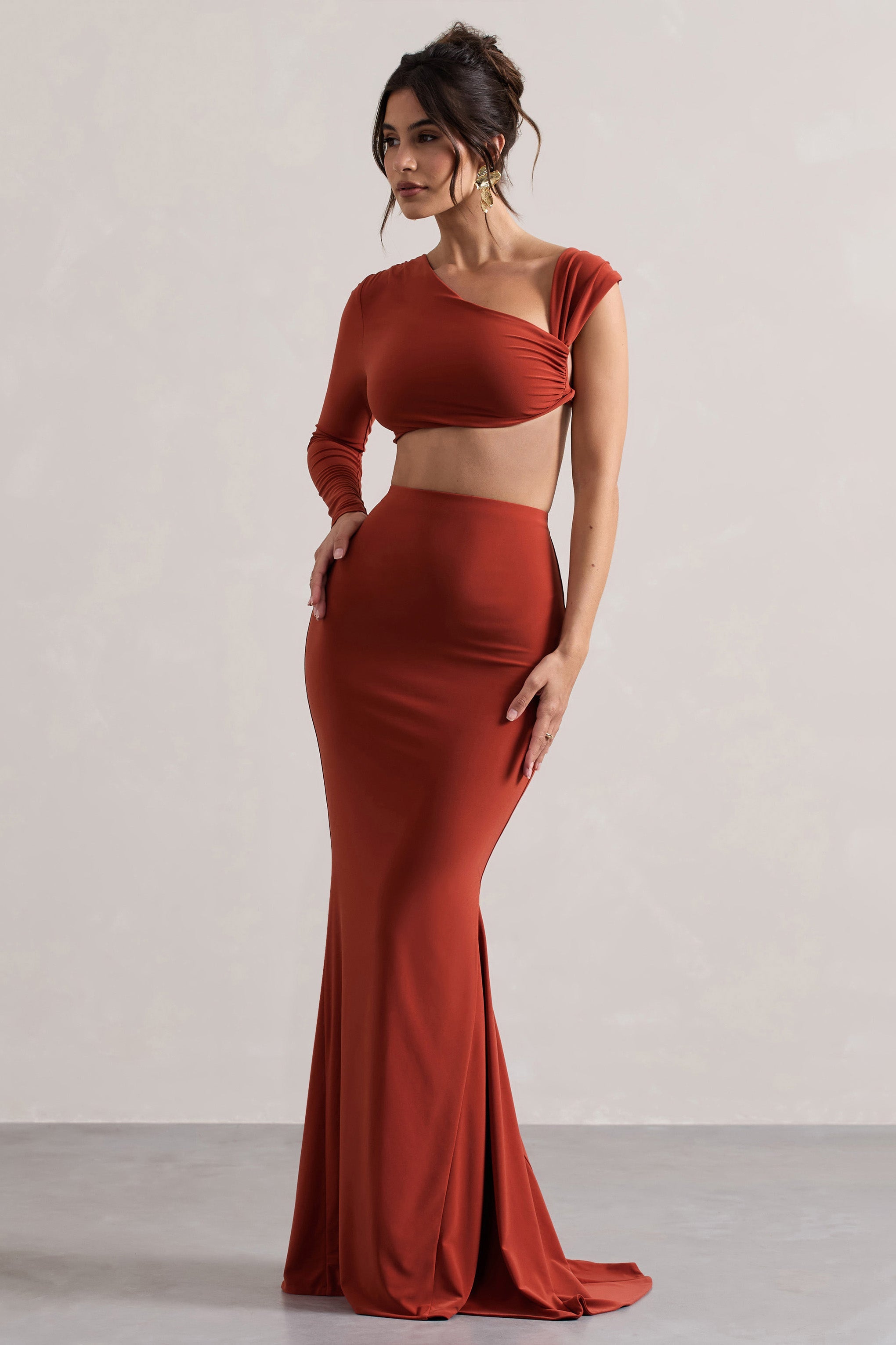 Neomie Terracotta Fishtail Maxi Skirt-Babyboo Dress Store. All Rights Reserved.