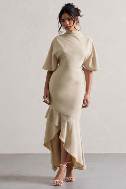 Lavinia Champagne High-Neck Flutter-Sleeve Asymmetric Maxi Dress