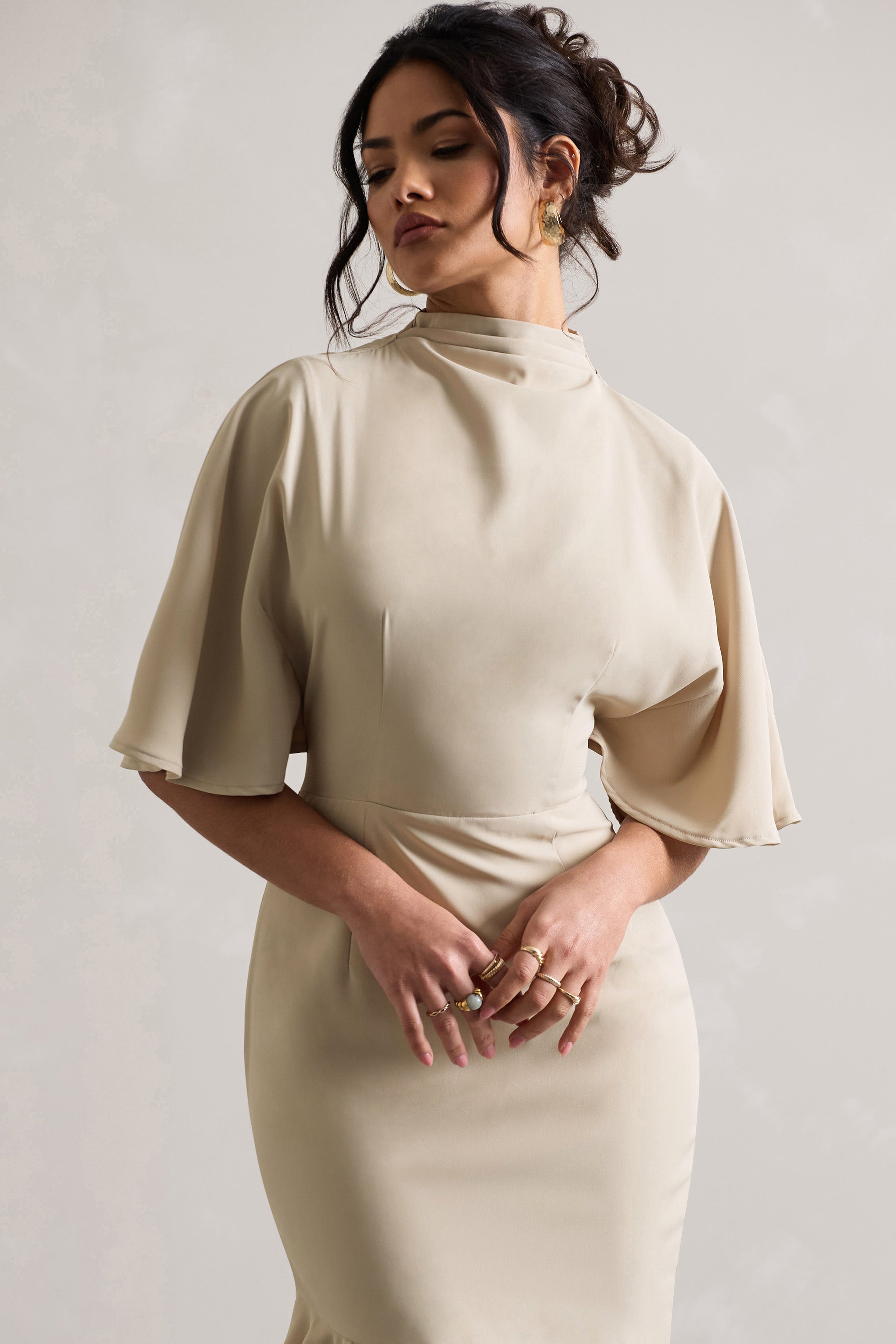 Lavinia Champagne High-Neck Flutter-Sleeve Asymmetric Maxi Dress