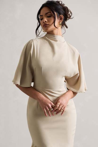 Lavinia Champagne High-Neck Flutter-Sleeve Asymmetric Maxi Dress