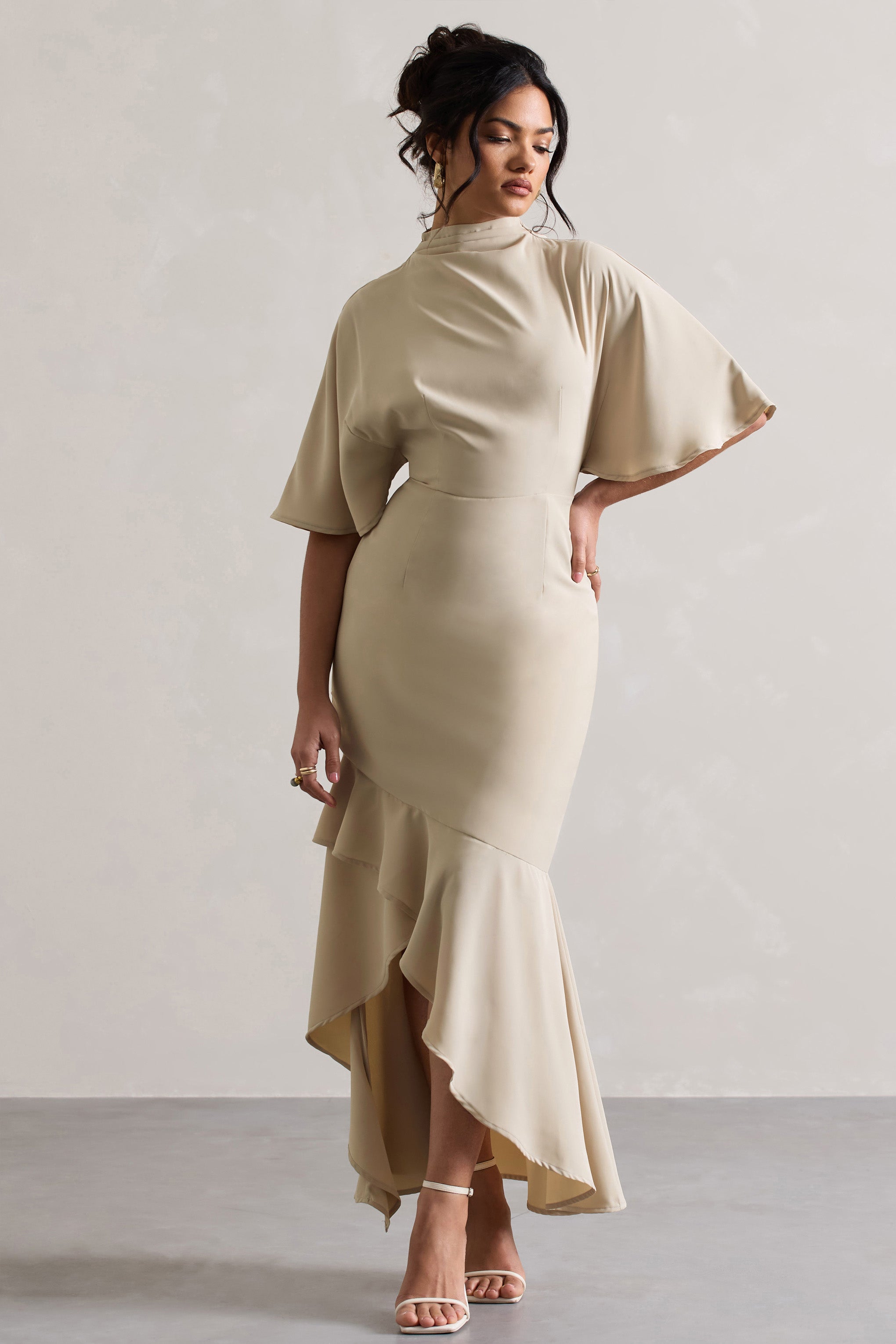 Lavinia Champagne High-Neck Flutter-Sleeve Asymmetric Maxi Dress