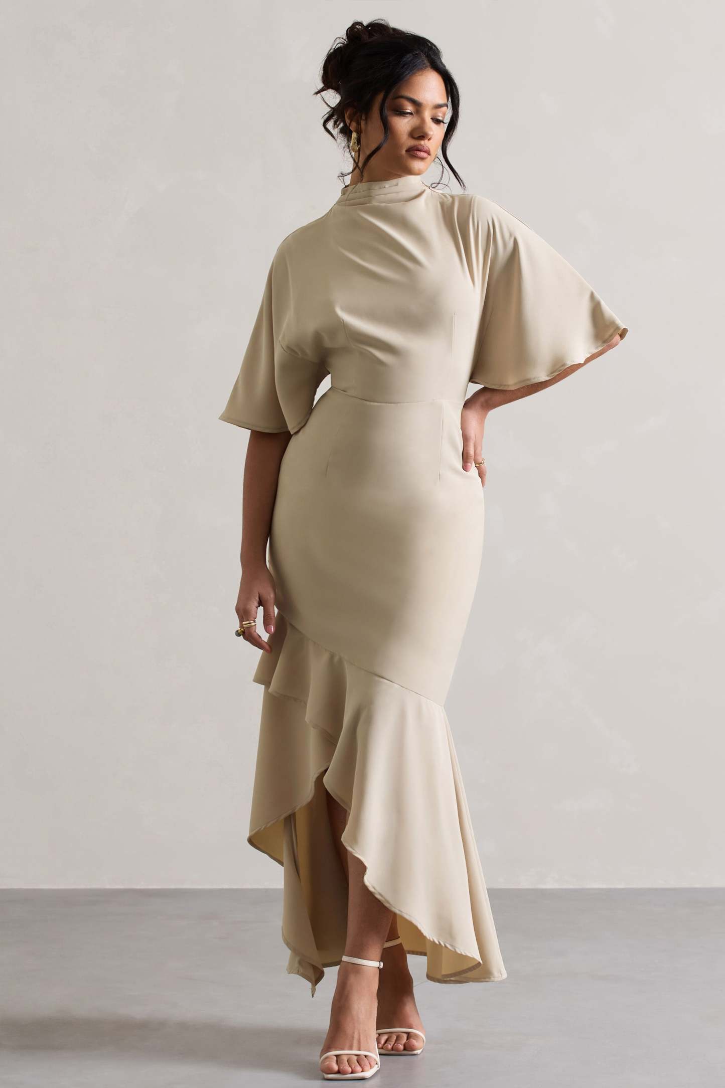 Lavinia Champagne High-Neck Flutter-Sleeve Asymmetric Maxi Dress