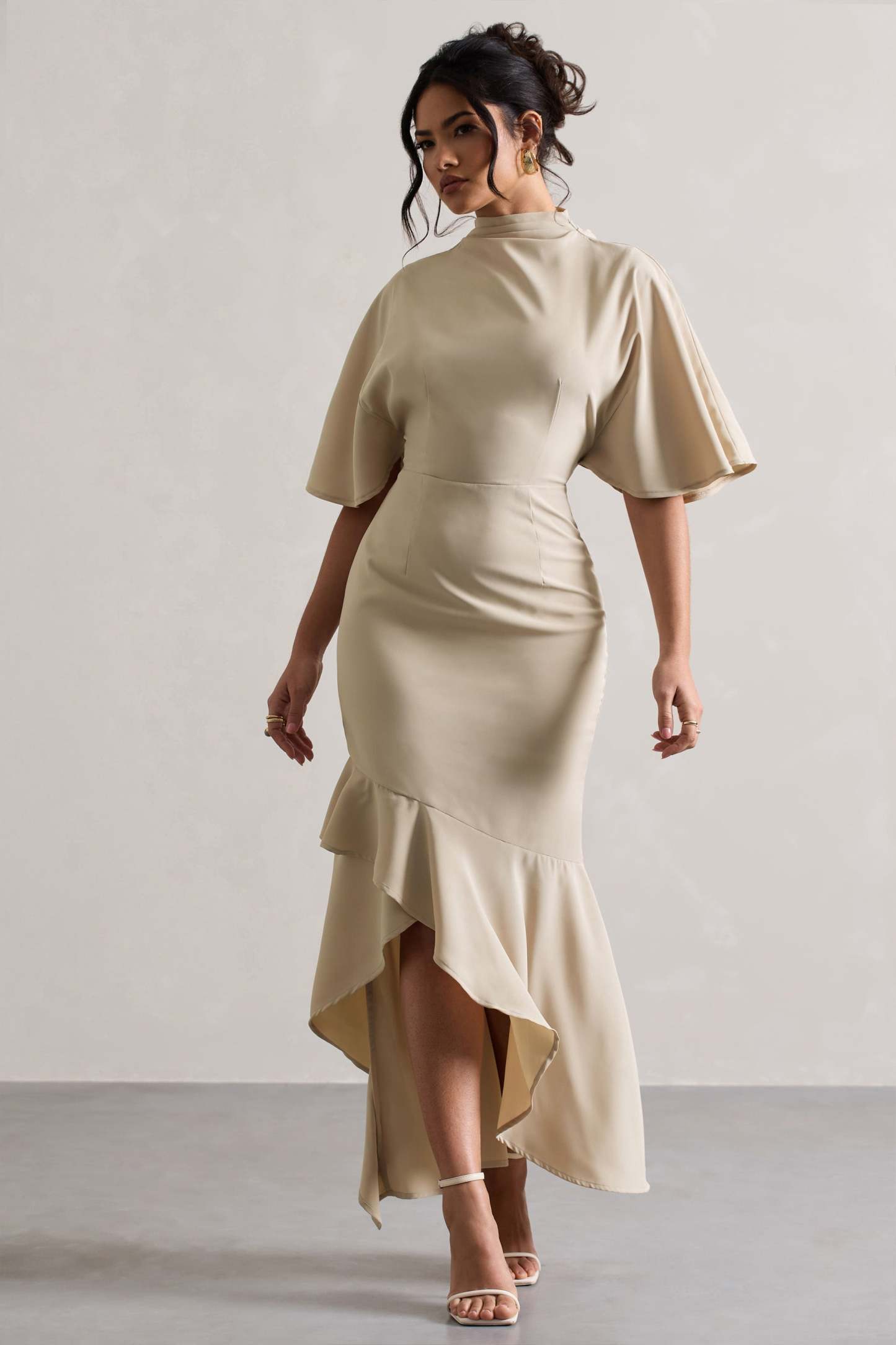 Lavinia Champagne High-Neck Flutter-Sleeve Asymmetric Maxi Dress