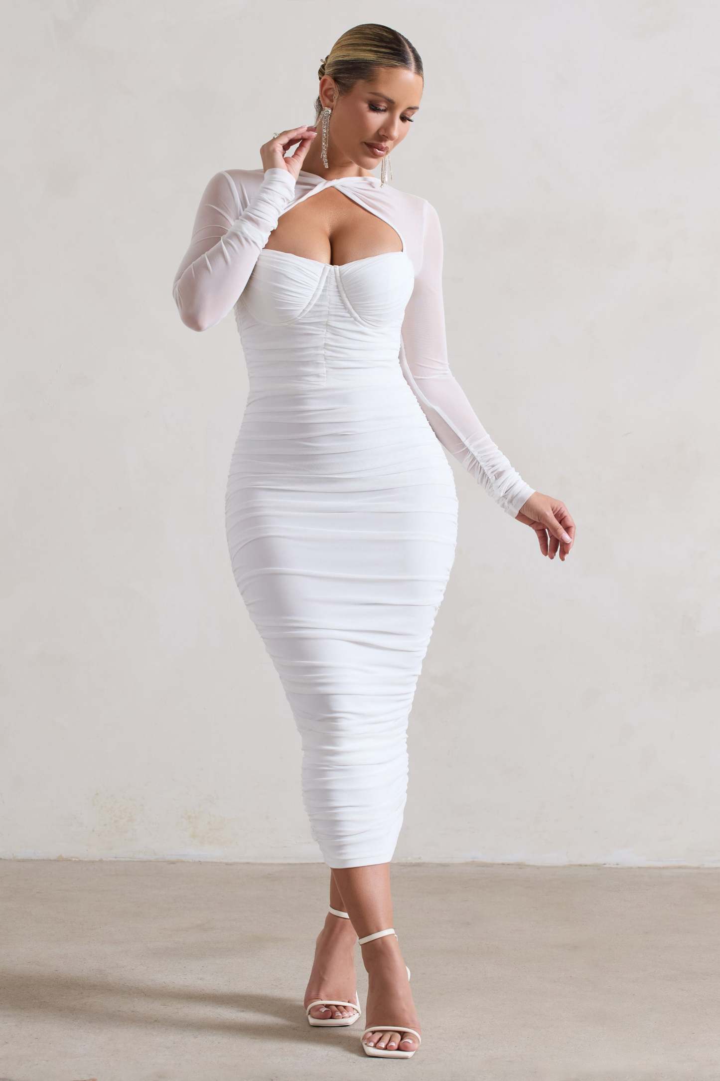 Mojito White Ruched Cut-Out Long-Sleeve Midi Dress-Babyboo Dress Store. All Rights Reserved.