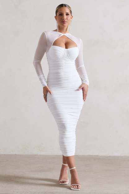 Mojito White Ruched Cut-Out Long-Sleeve Midi Dress-Babyboo Dress Store. All Rights Reserved.