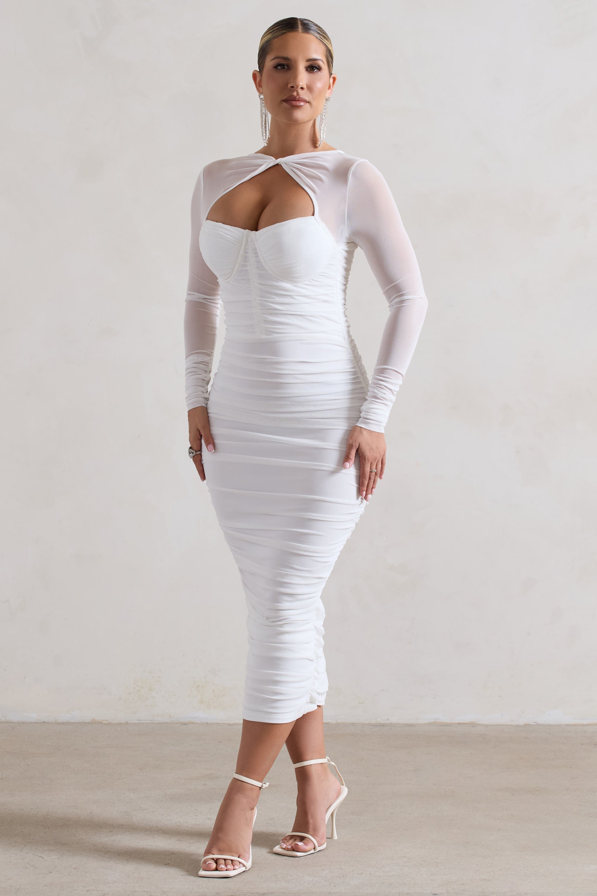 Mojito White Ruched Cut-Out Long-Sleeve Midi Dress-Babyboo Dress Store. All Rights Reserved.