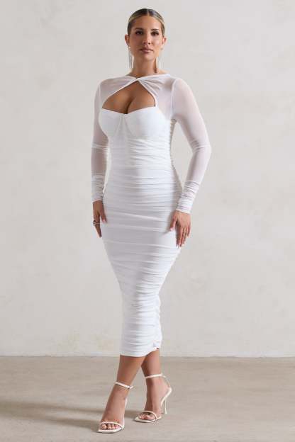 Mojito White Ruched Cut-Out Long-Sleeve Midi Dress-Babyboo Dress Store. All Rights Reserved.