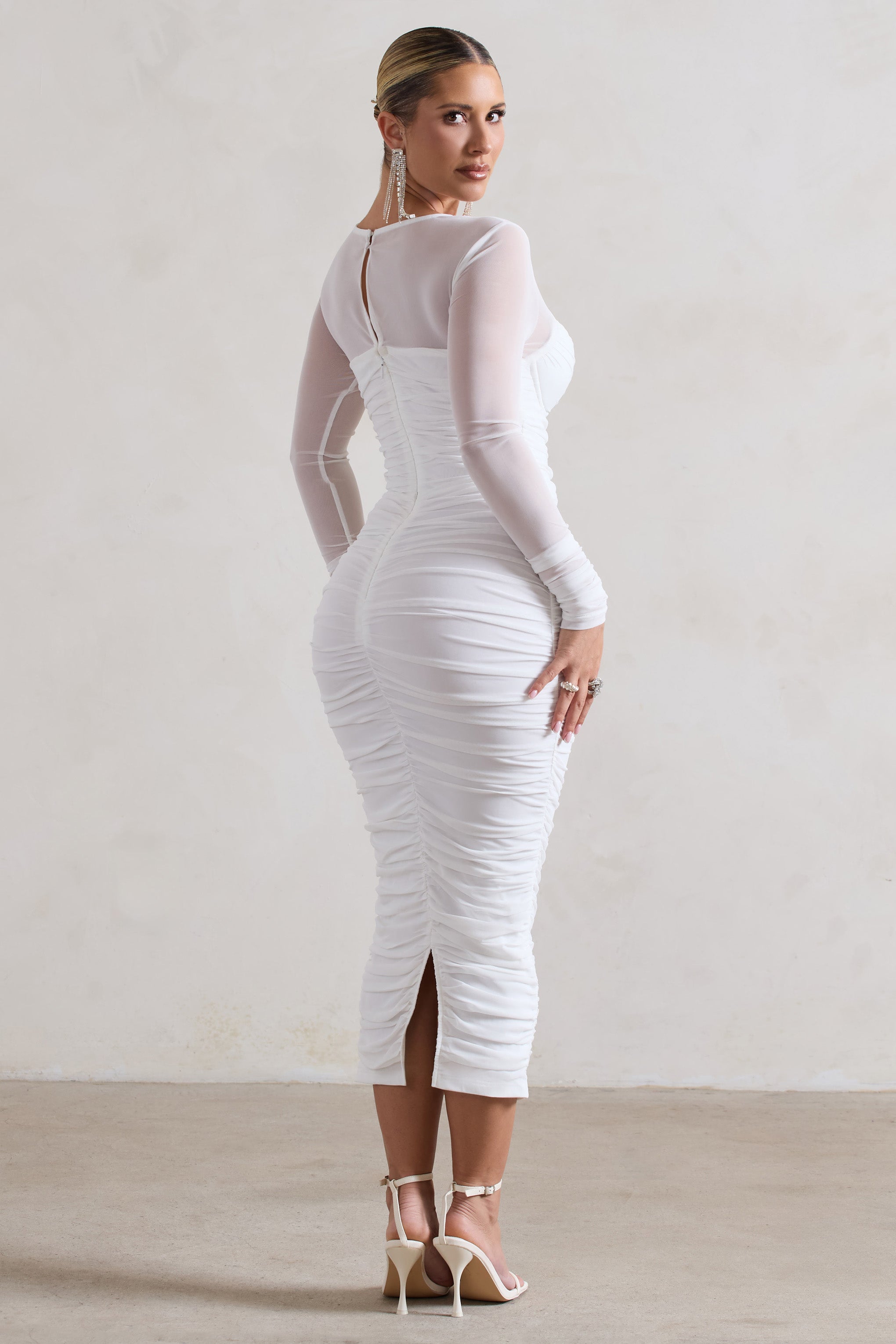 Mojito White Ruched Cut-Out Long-Sleeve Midi Dress-Babyboo Dress Store. All Rights Reserved.