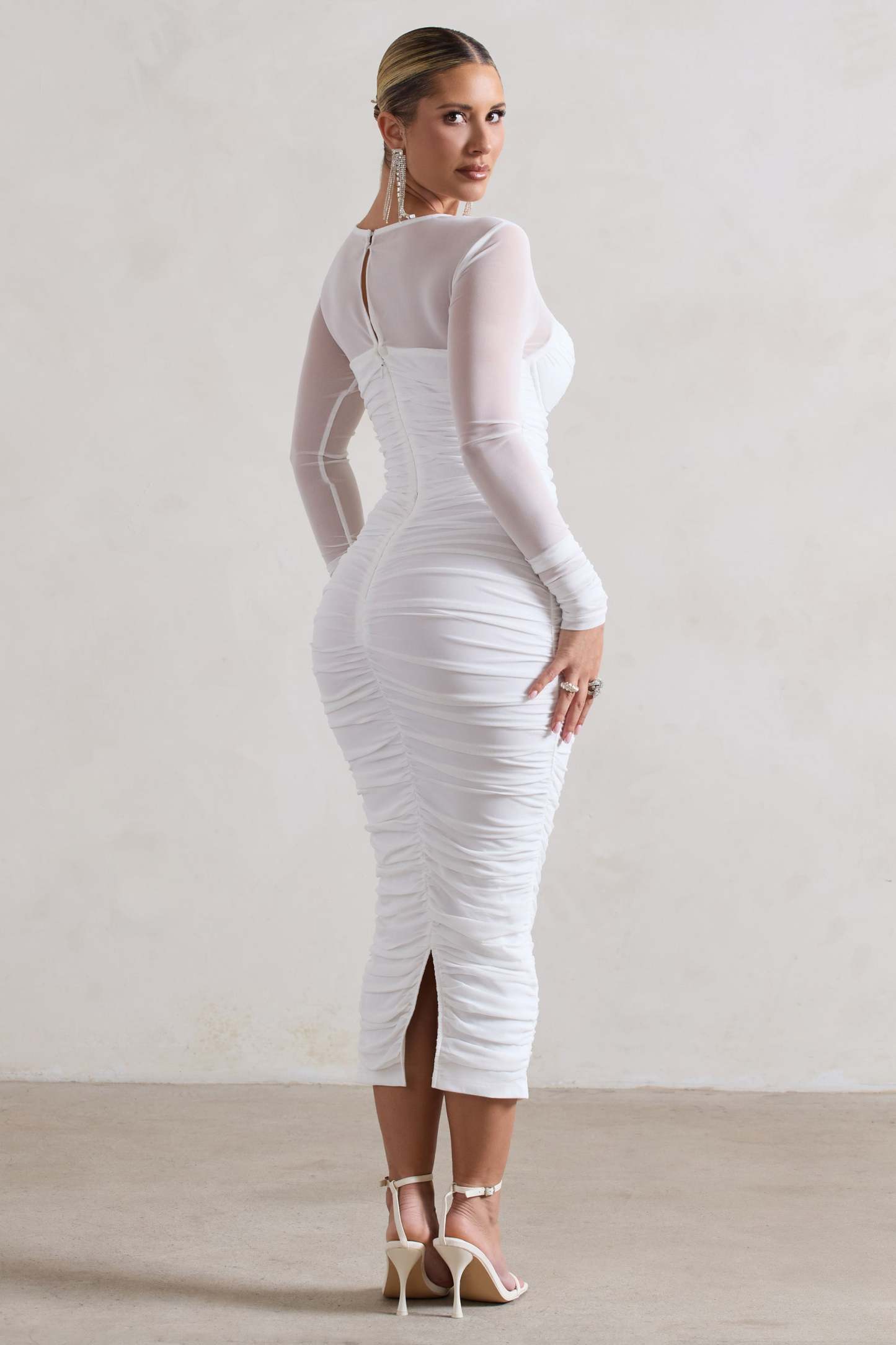 Mojito White Ruched Cut-Out Long-Sleeve Midi Dress-Babyboo Dress Store. All Rights Reserved.