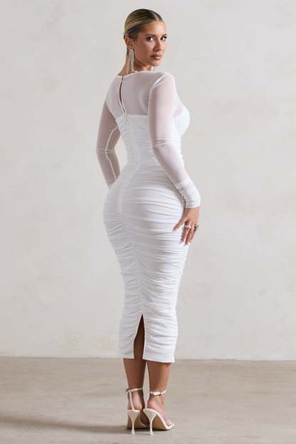 Mojito White Ruched Cut-Out Long-Sleeve Midi Dress-Babyboo Dress Store. All Rights Reserved.