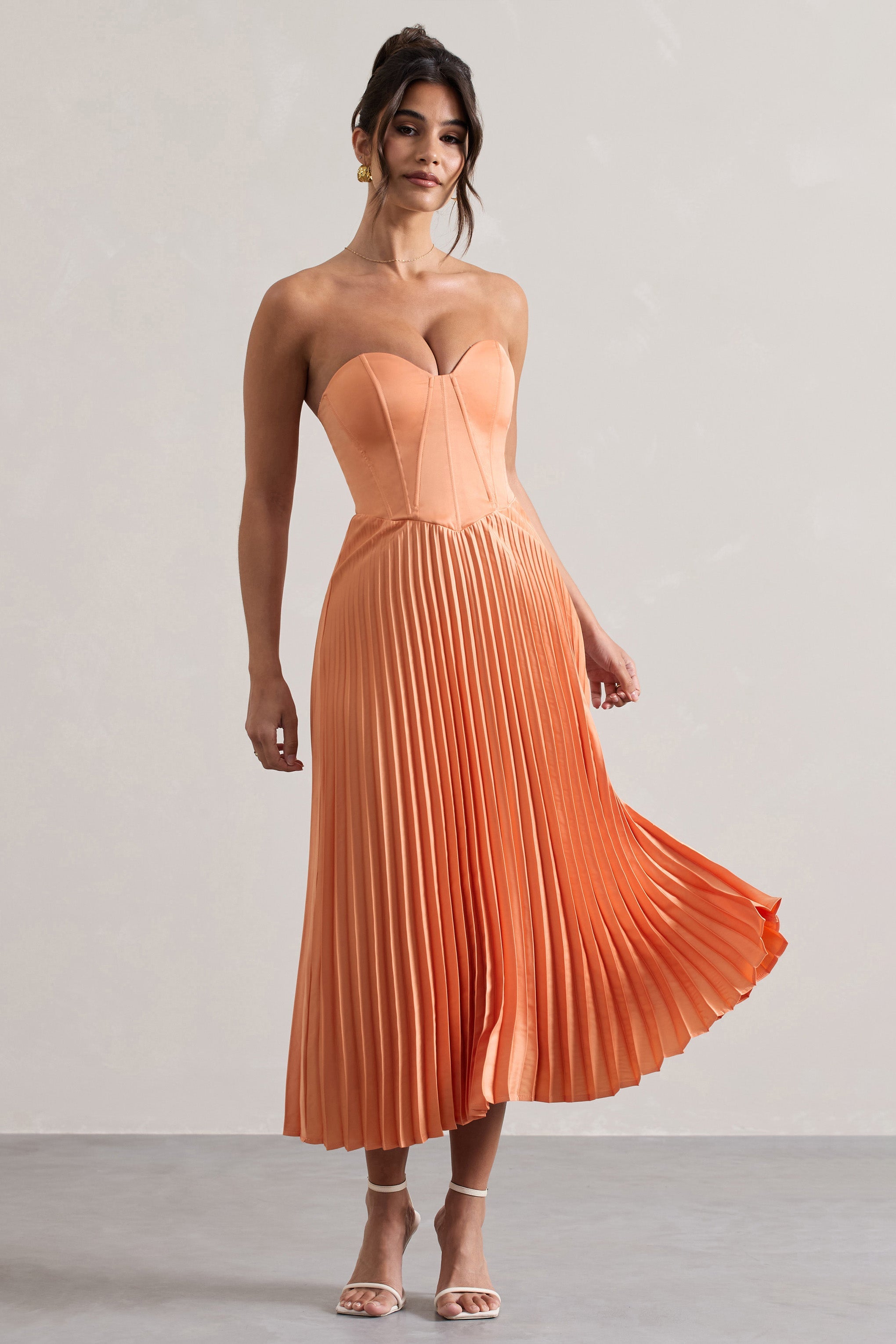 Bordeaux Peach Satin Corset Style Midi Dress-Babyboo Dress Store. All Rights Reserved.
