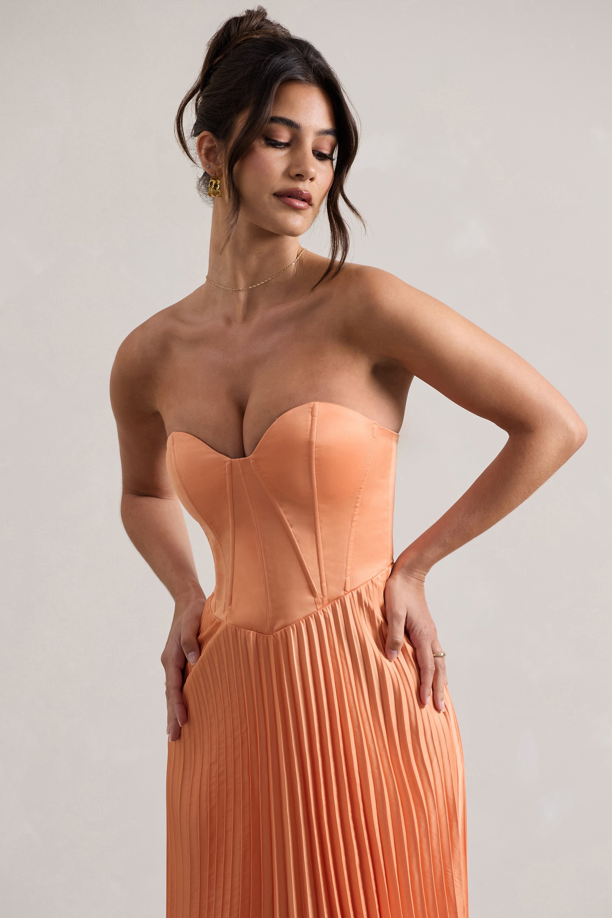 Bordeaux Peach Satin Corset Style Midi Dress-Babyboo Dress Store. All Rights Reserved.