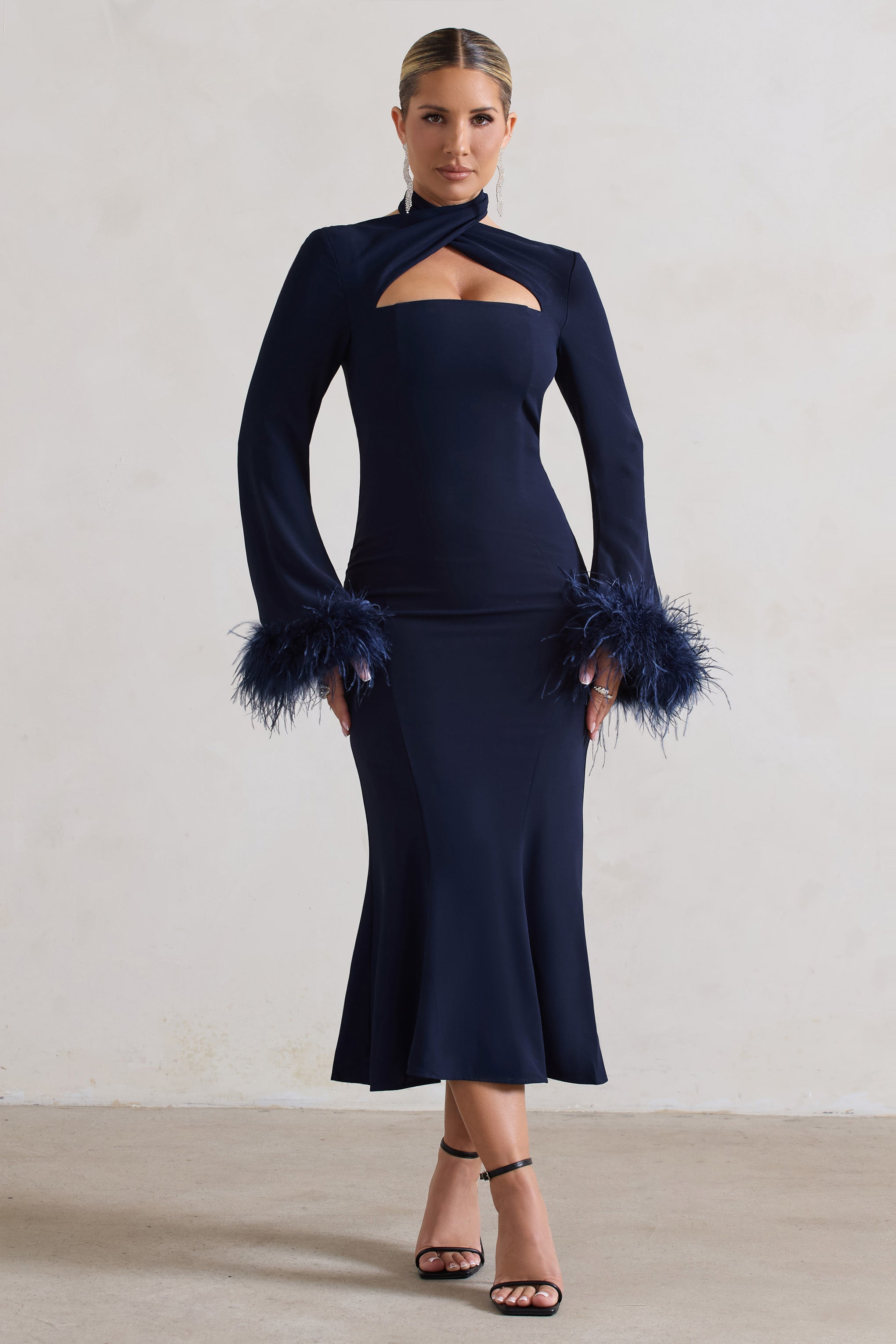 Monroe Navy Cross Halter-Neck Midi Dress With Feather Cuffs-Babyboo Dress Store. All Rights Reserved.