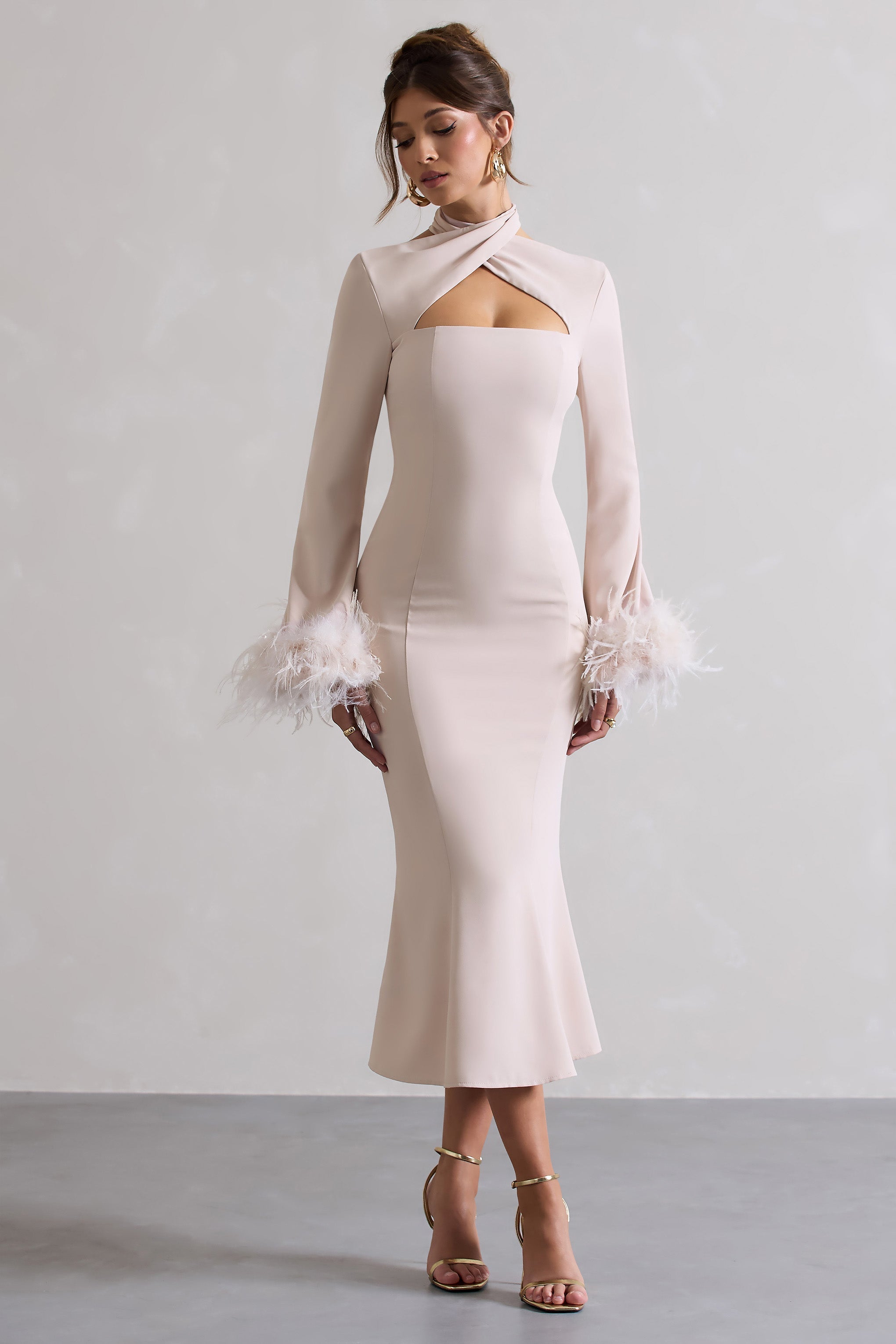 Monroe Champagne Cross Halter-Neck Midi Dress With Feather Cuffs-Babyboo Dress Store. All Rights Reserved.