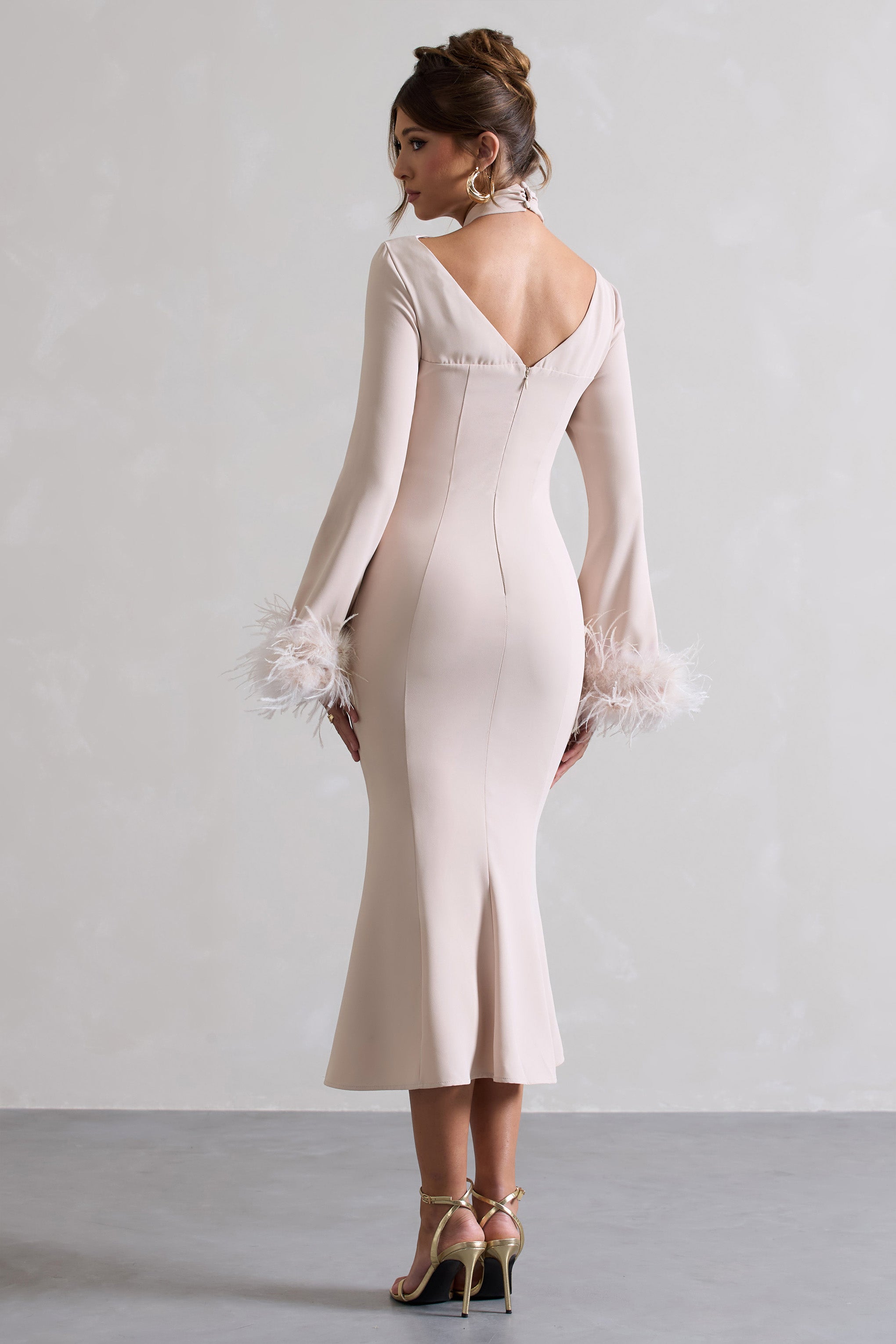 Monroe Champagne Cross Halter-Neck Midi Dress With Feather Cuffs-Babyboo Dress Store. All Rights Reserved.