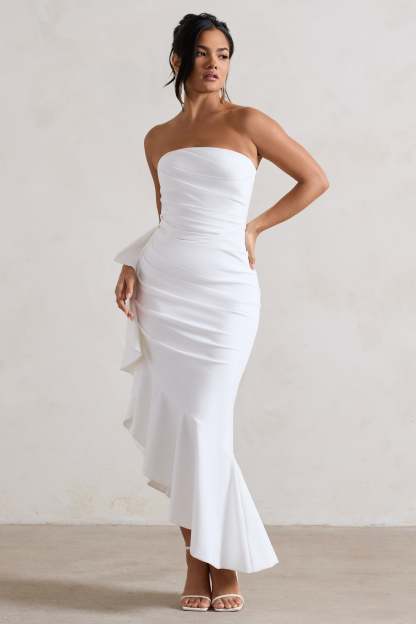 New Age White Strapless Asymmetric Ruffled Maxi Dress-Babyboo Dress Store. All Rights Reserved.