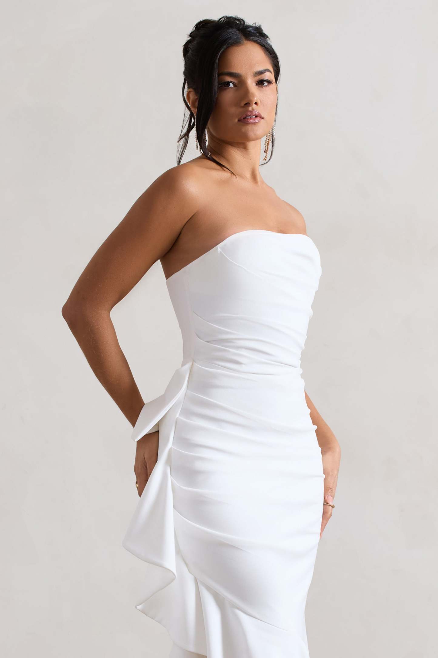 New Age White Strapless Asymmetric Ruffled Maxi Dress-Babyboo Dress Store. All Rights Reserved.