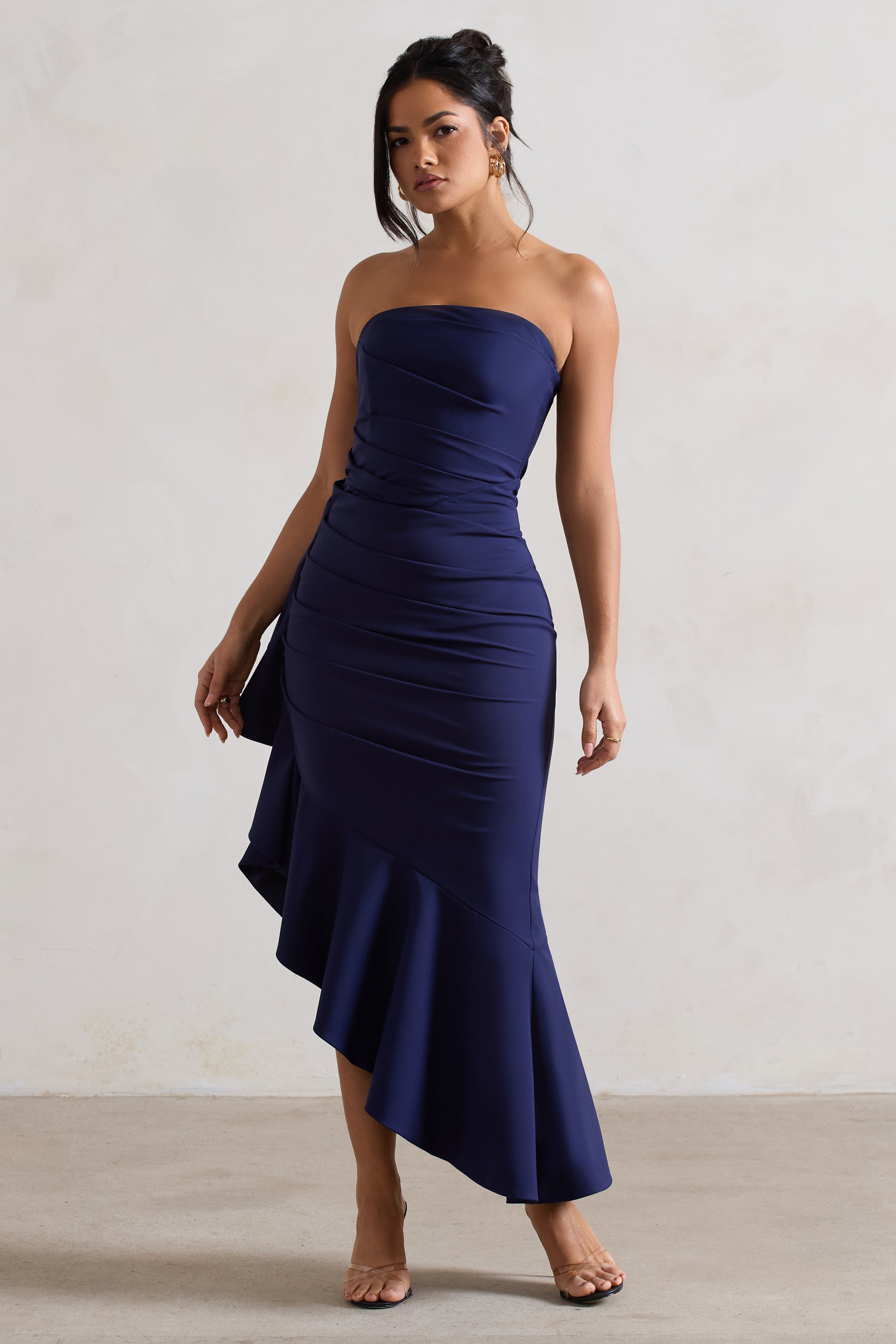 New Age Navy Strapless Asymmetric Ruffled Maxi Dress-Babyboo Dress Store. All Rights Reserved.