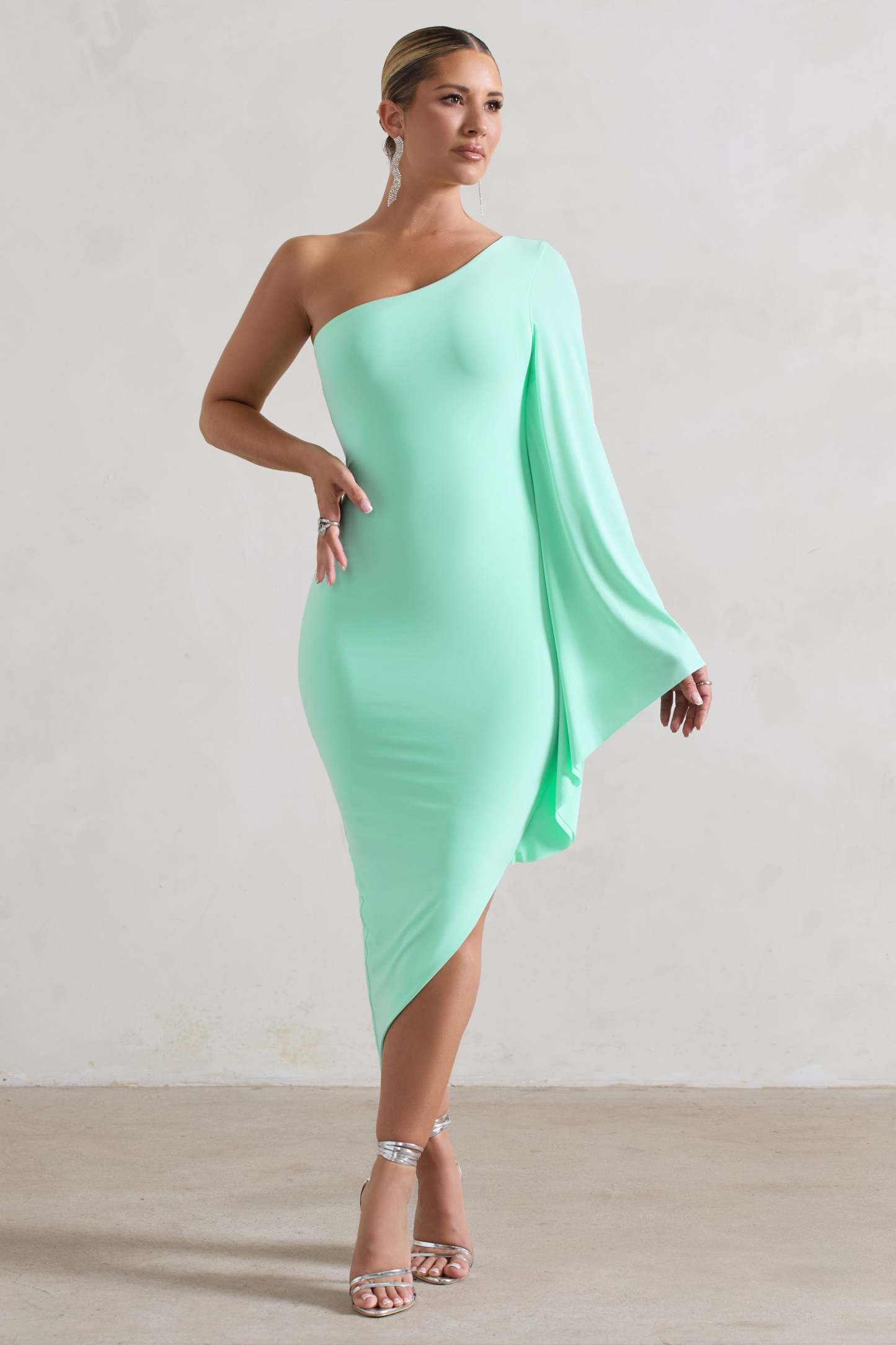 My Level Mint Asymmetric Midi Dress With Cape Sleeve-Babyboo Dress Store. All Rights Reserved.