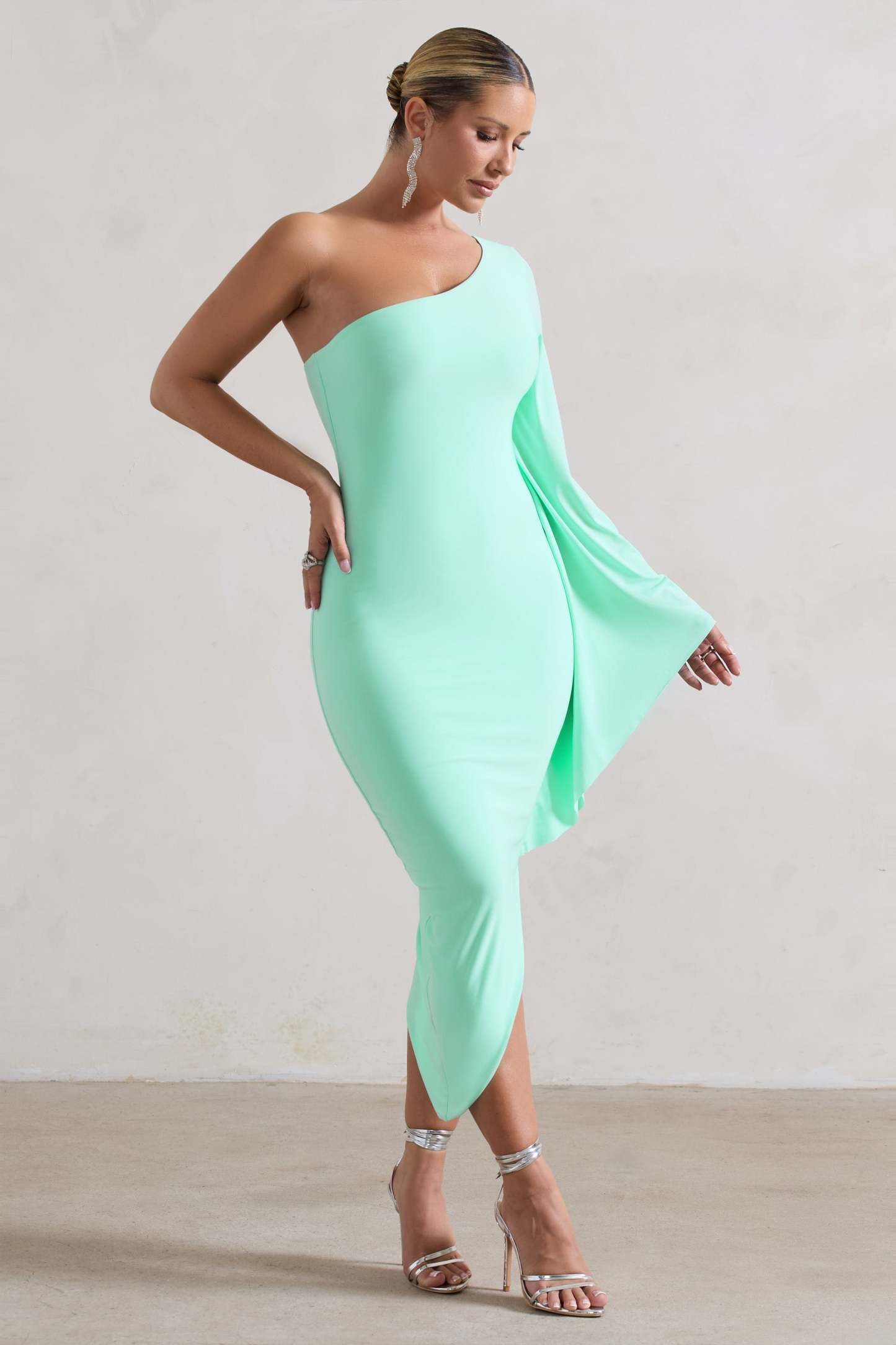 My Level Mint Asymmetric Midi Dress With Cape Sleeve-Babyboo Dress Store. All Rights Reserved.