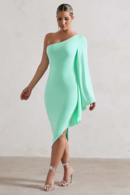 My Level Mint Asymmetric Midi Dress With Cape Sleeve-Babyboo Dress Store. All Rights Reserved.