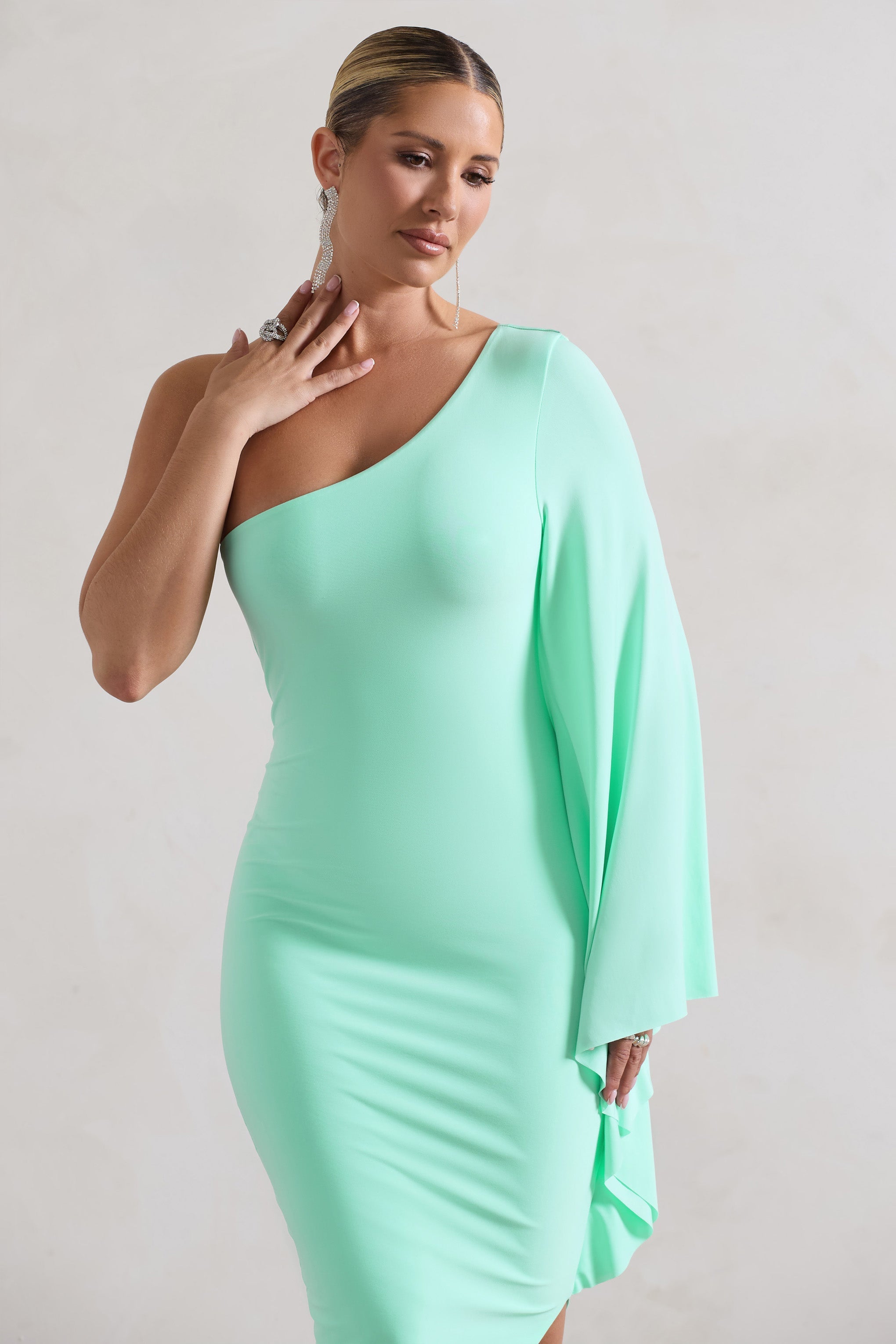 My Level Mint Asymmetric Midi Dress With Cape Sleeve-Babyboo Dress Store. All Rights Reserved.
